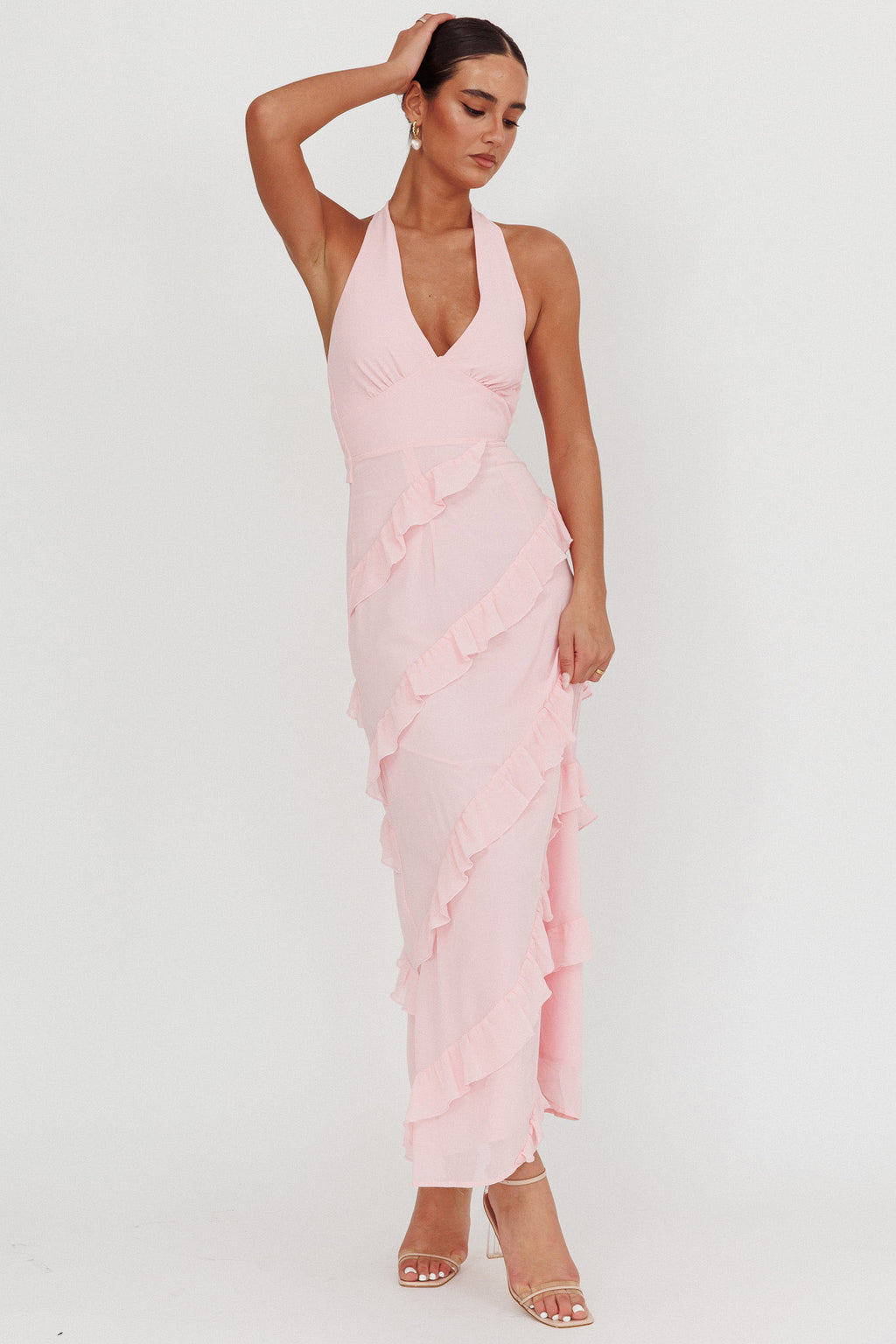 Flirt Frill Trim Halter Maxi Dress Blush by Selfie Leslie Australia
