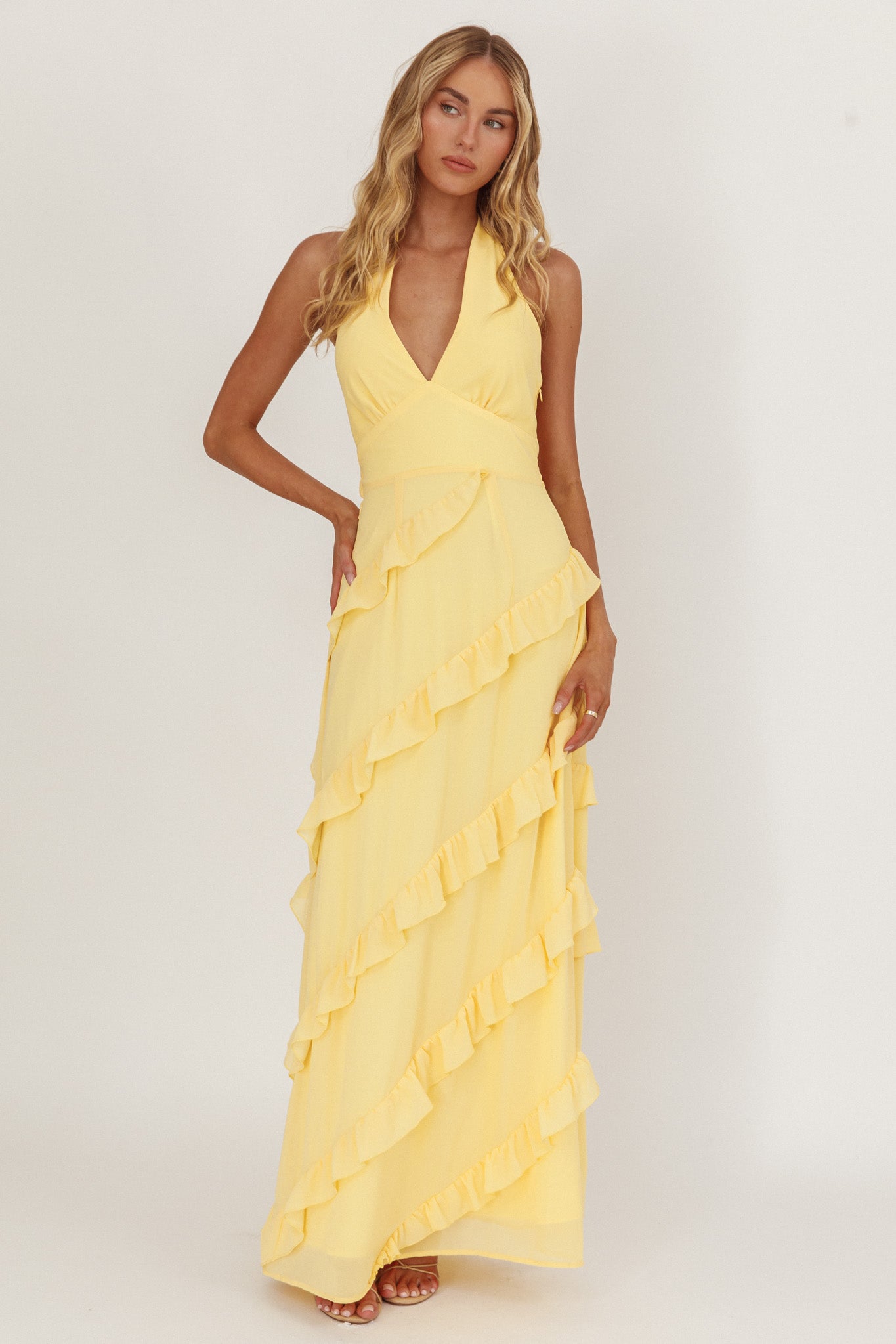 Yellow Maxi Dress Casual Light Yellow Dresses Ruffle Front Tie Maxi Dress  In Yellow LUCY IN