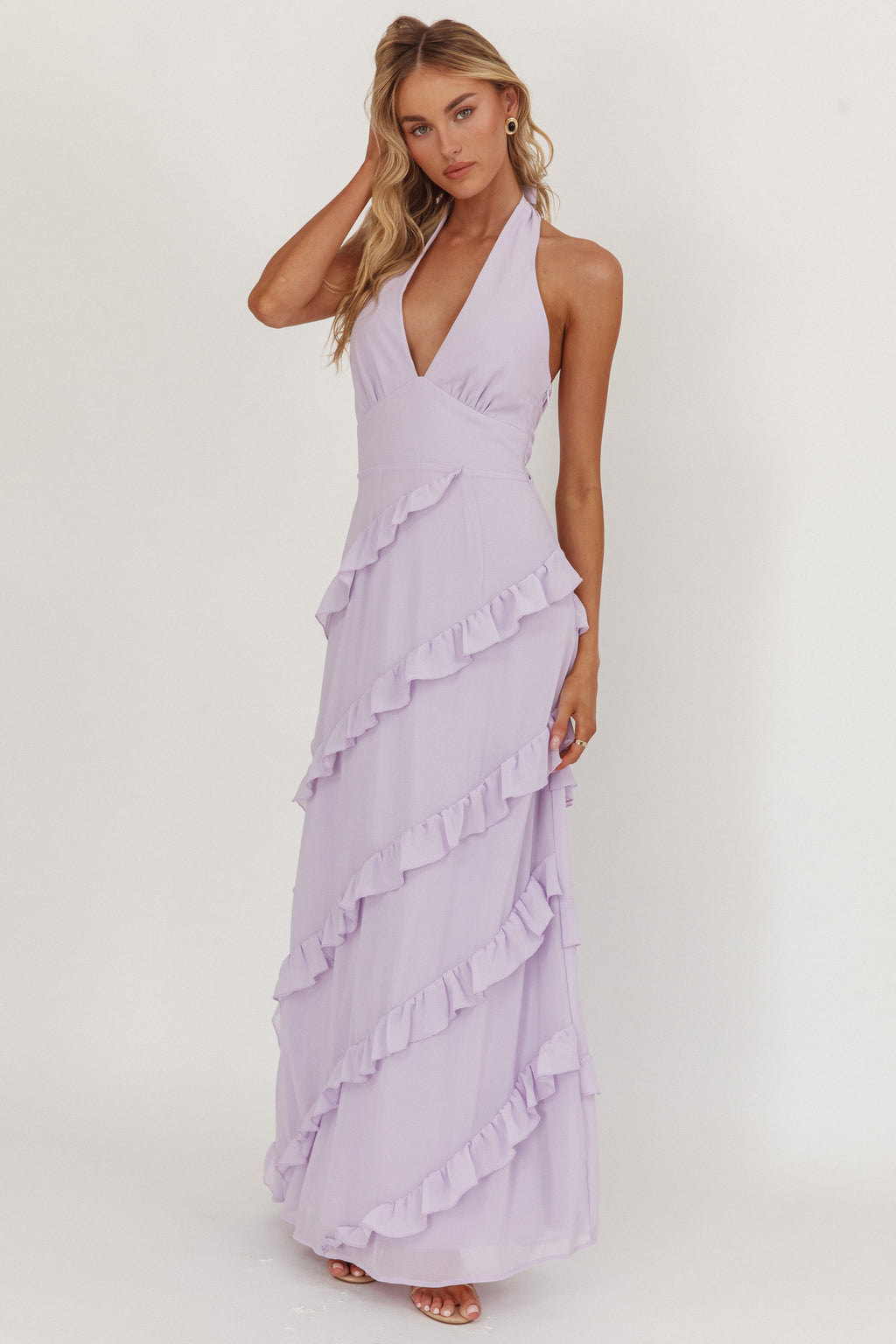 Flirt Frill Trim Halter Maxi Dress Lilac by Selfie Leslie Australia