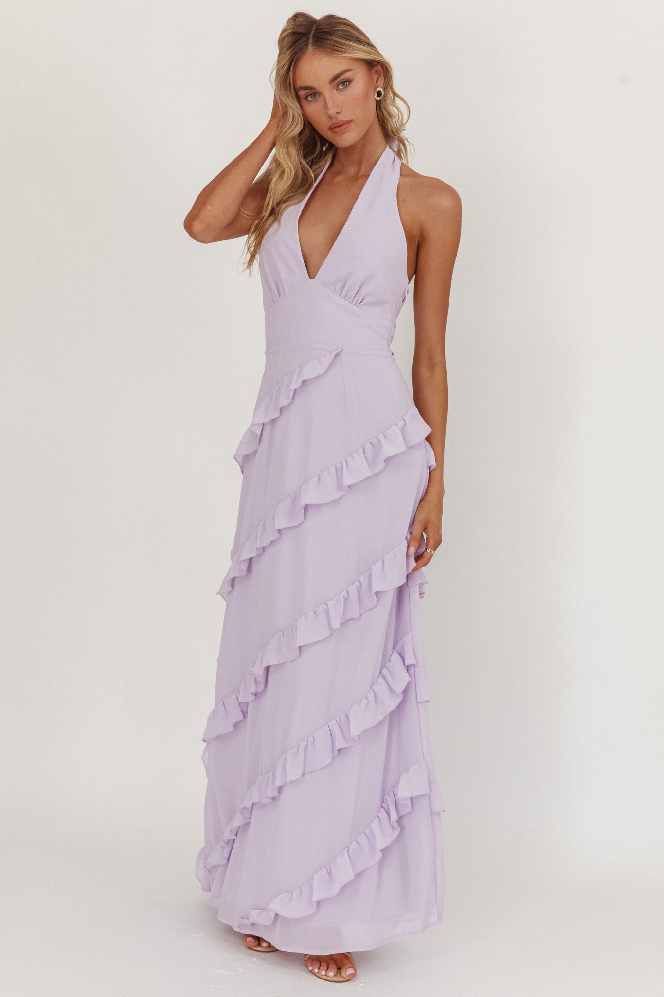 Flirt Frill Trim Halter Maxi Dress Lilac by Selfie Leslie Australia
