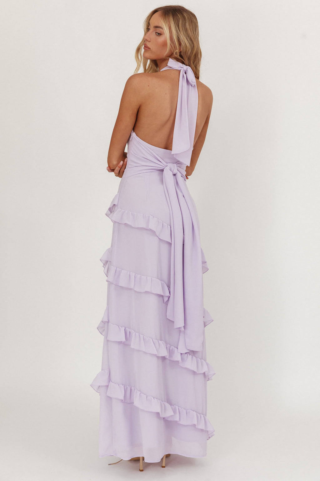 Flirt Frill Trim Halter Maxi Dress Lilac by Selfie Leslie Australia