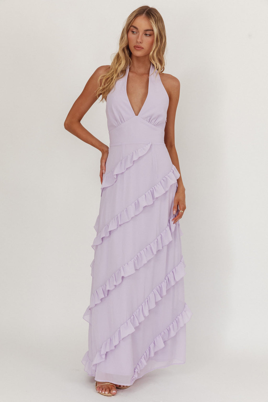 Flirt Frill Trim Halter Maxi Dress Lilac by Selfie Leslie Australia