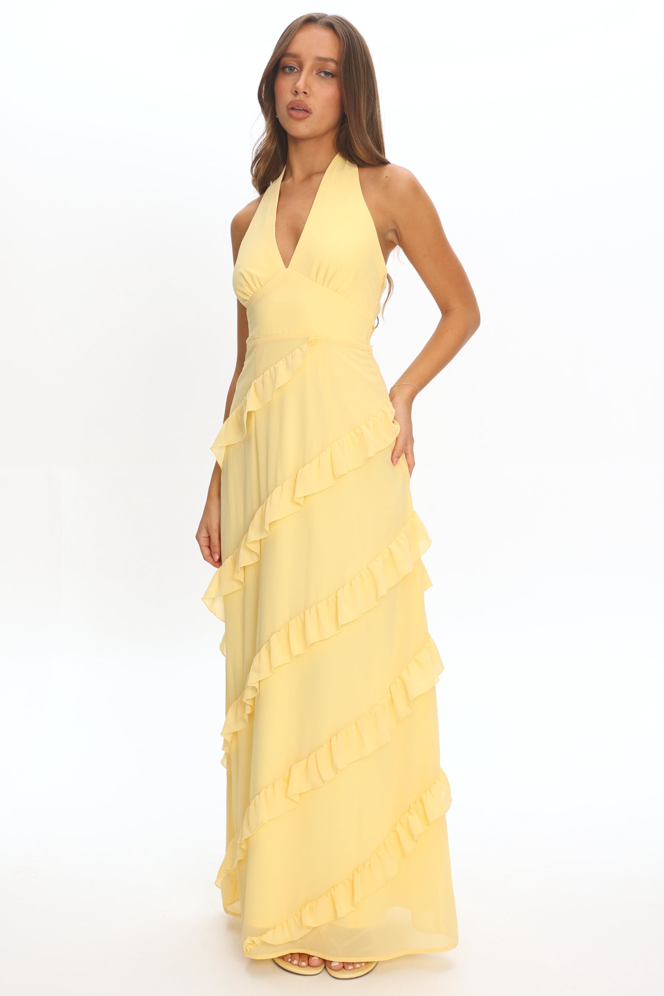 Flirt Frill Trim Halter Maxi Dress Lemon by Selfie Leslie Australia