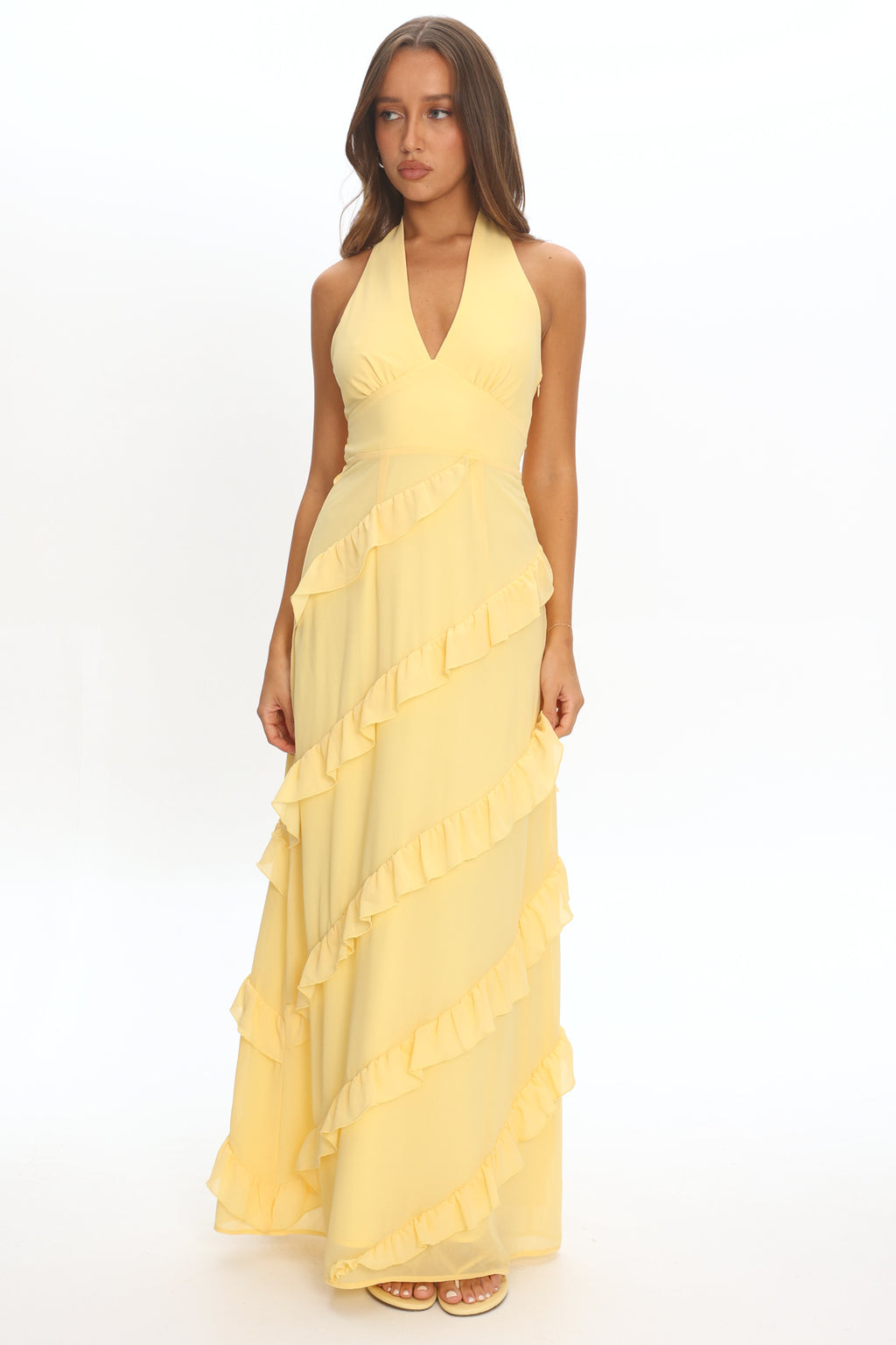 Flirt Frill Trim Halter Maxi Dress Lemon by Selfie Leslie Australia