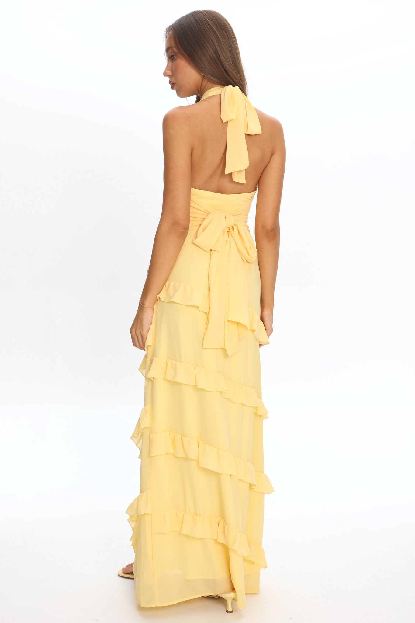 Flirt Frill Trim Halter Maxi Dress Lemon by Selfie Leslie Australia