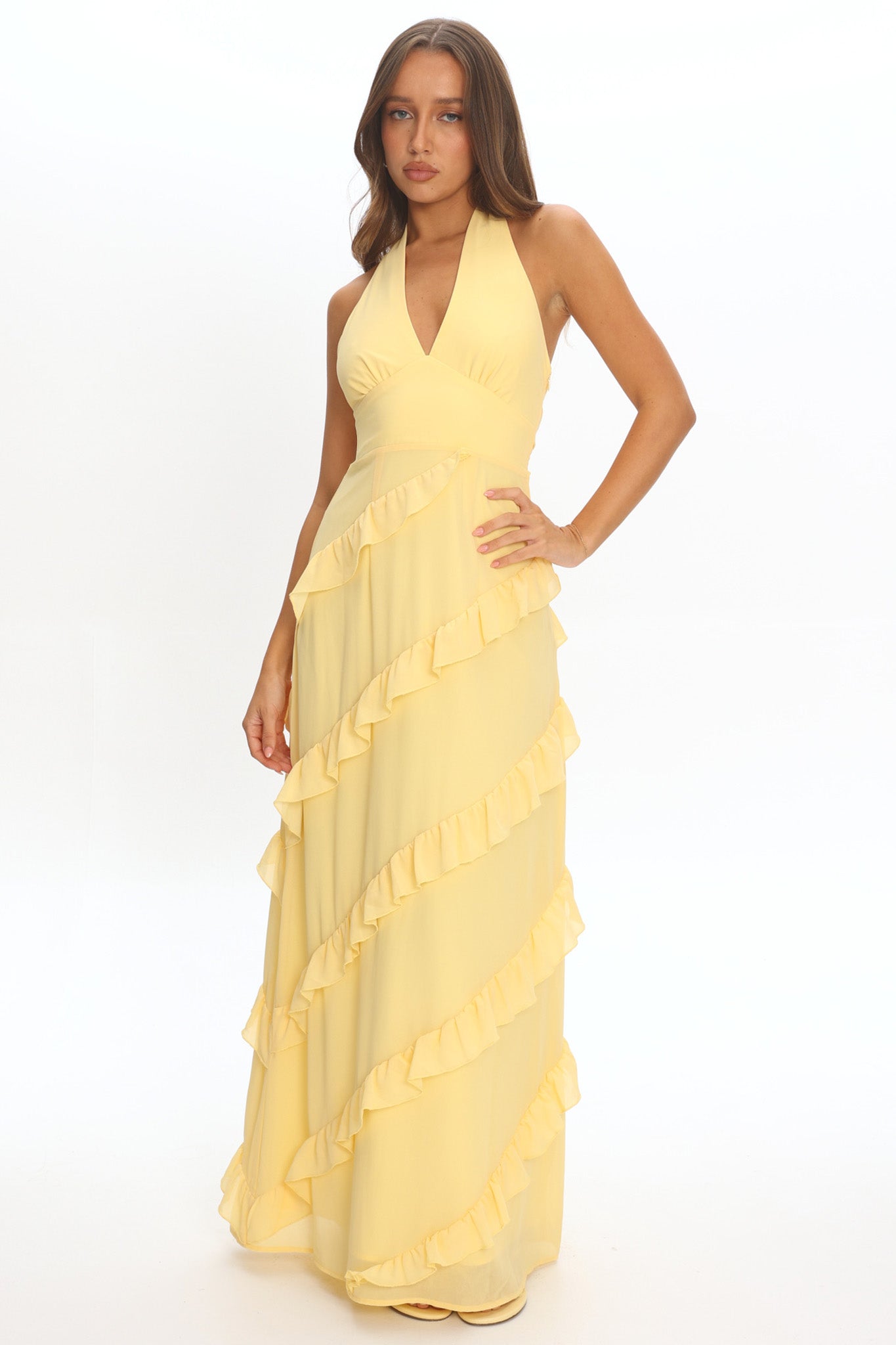Flirt Frill Trim Halter Maxi Dress Lemon by Selfie Leslie Australia