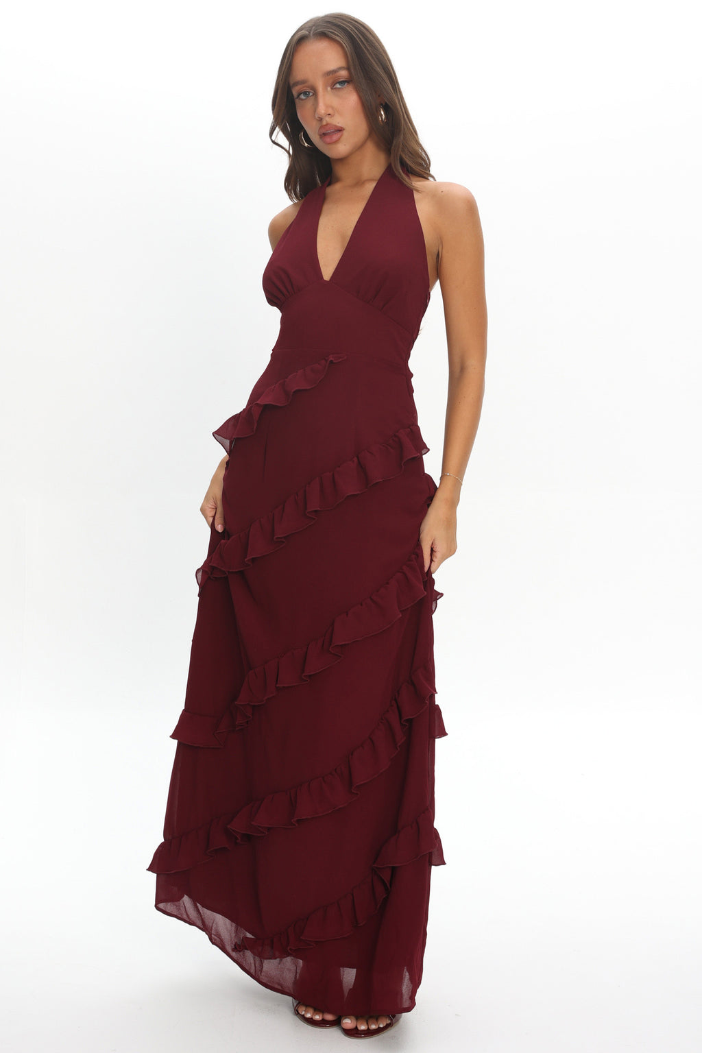 Flirt Frill Trim Halter Maxi Dress Wine by Selfie Leslie Australia