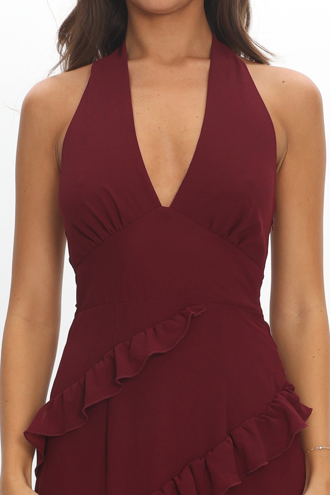 Flirt Frill Trim Halter Maxi Dress Wine by Selfie Leslie Australia