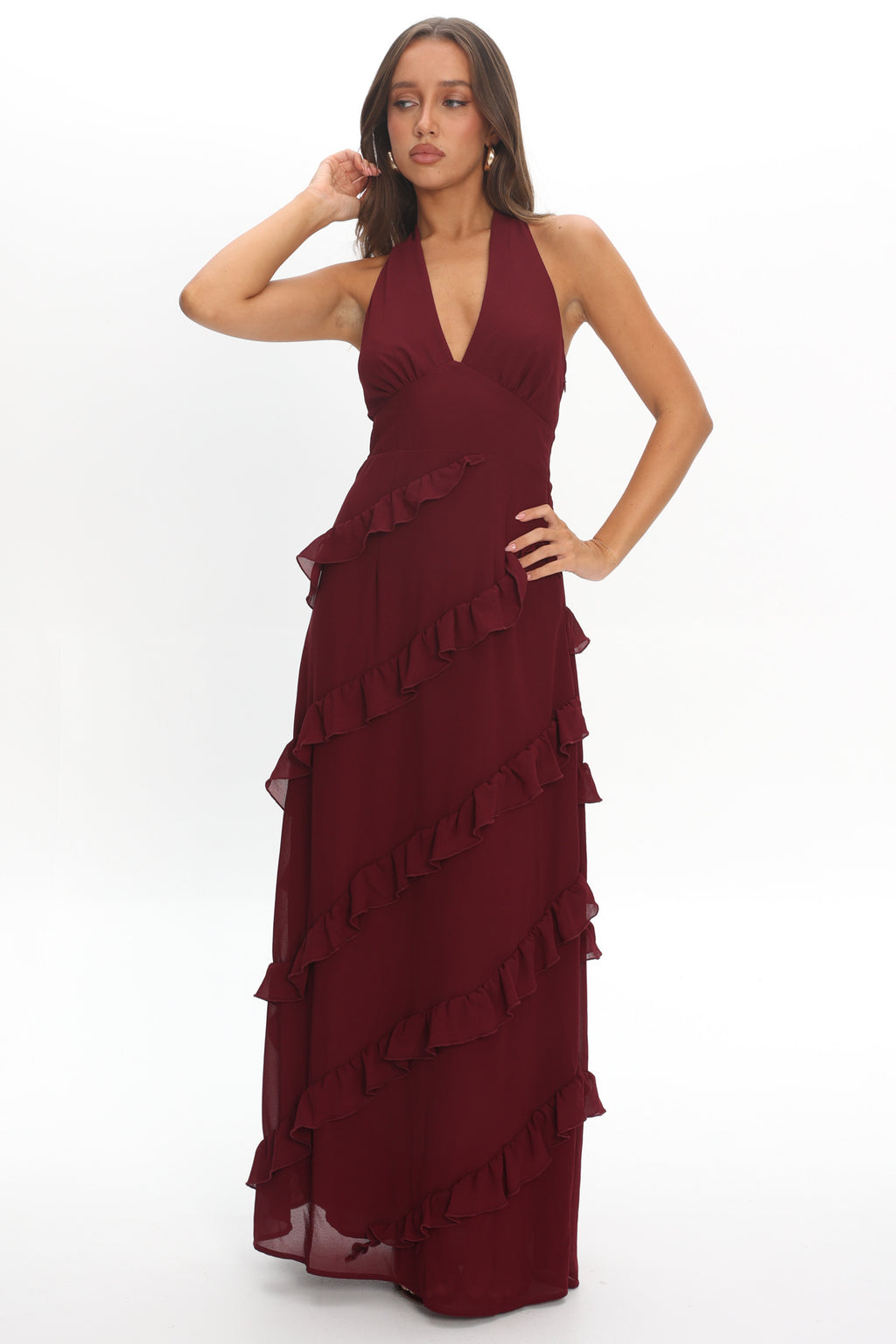 Flirt Frill Trim Halter Maxi Dress Wine by Selfie Leslie Australia