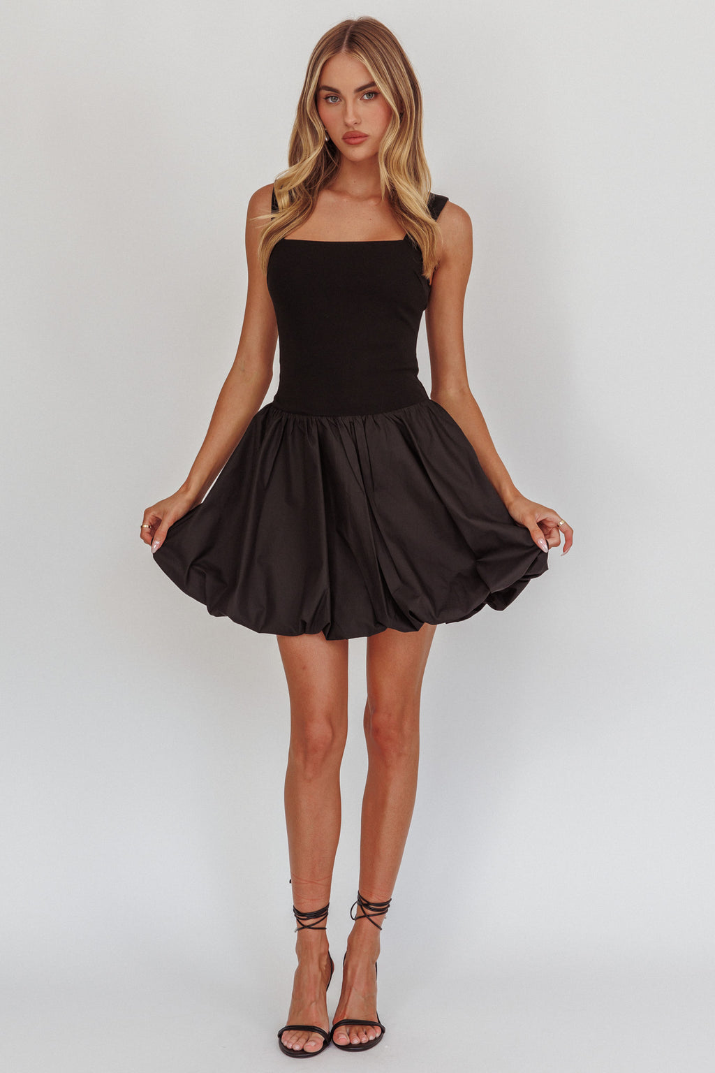 Like Art Square Neck Bubble Mini Dress Black by Selfie Leslie Australia