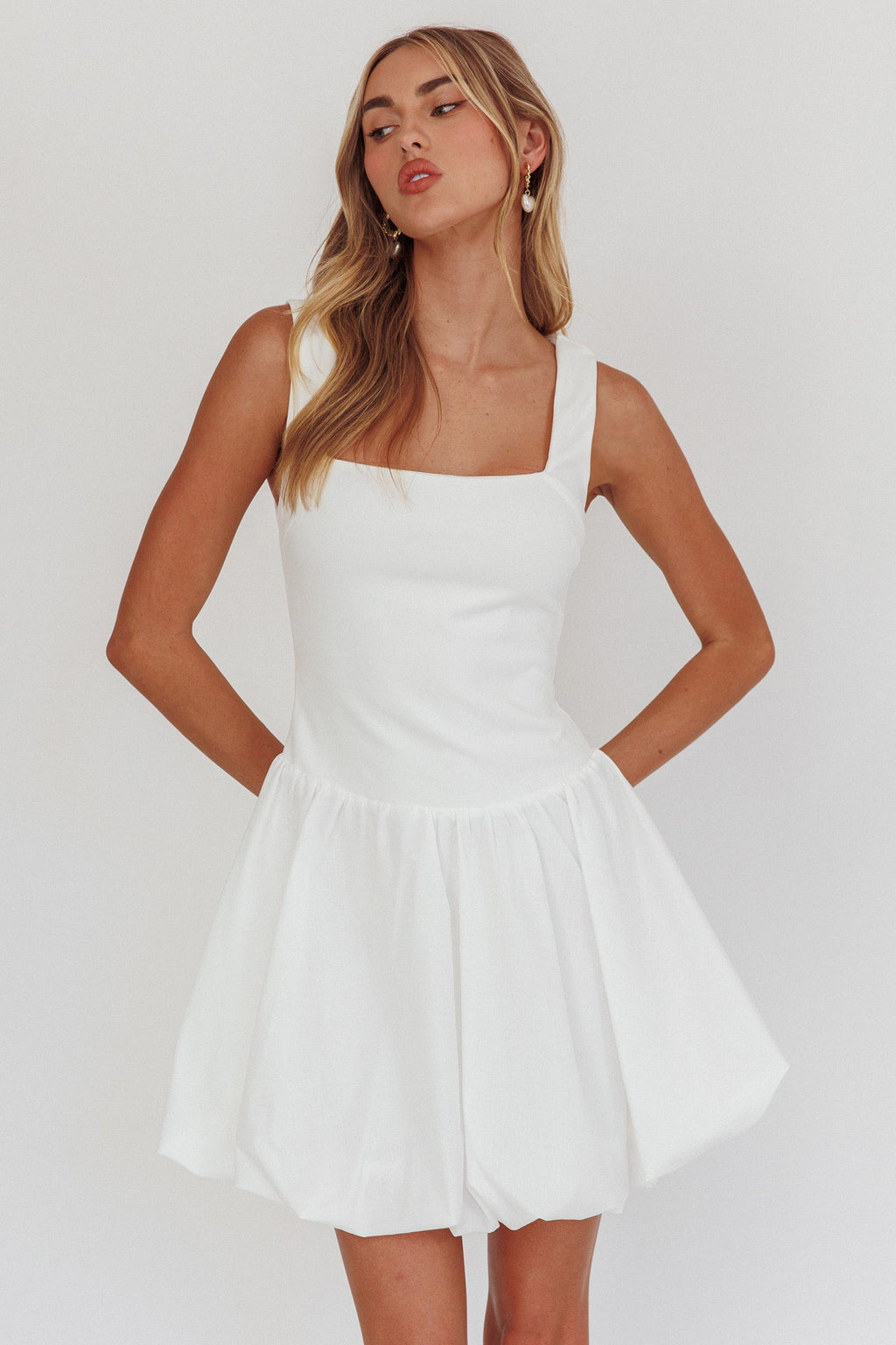 Like Art Square Neck Bubble Mini Dress White by Selfie Leslie Australia