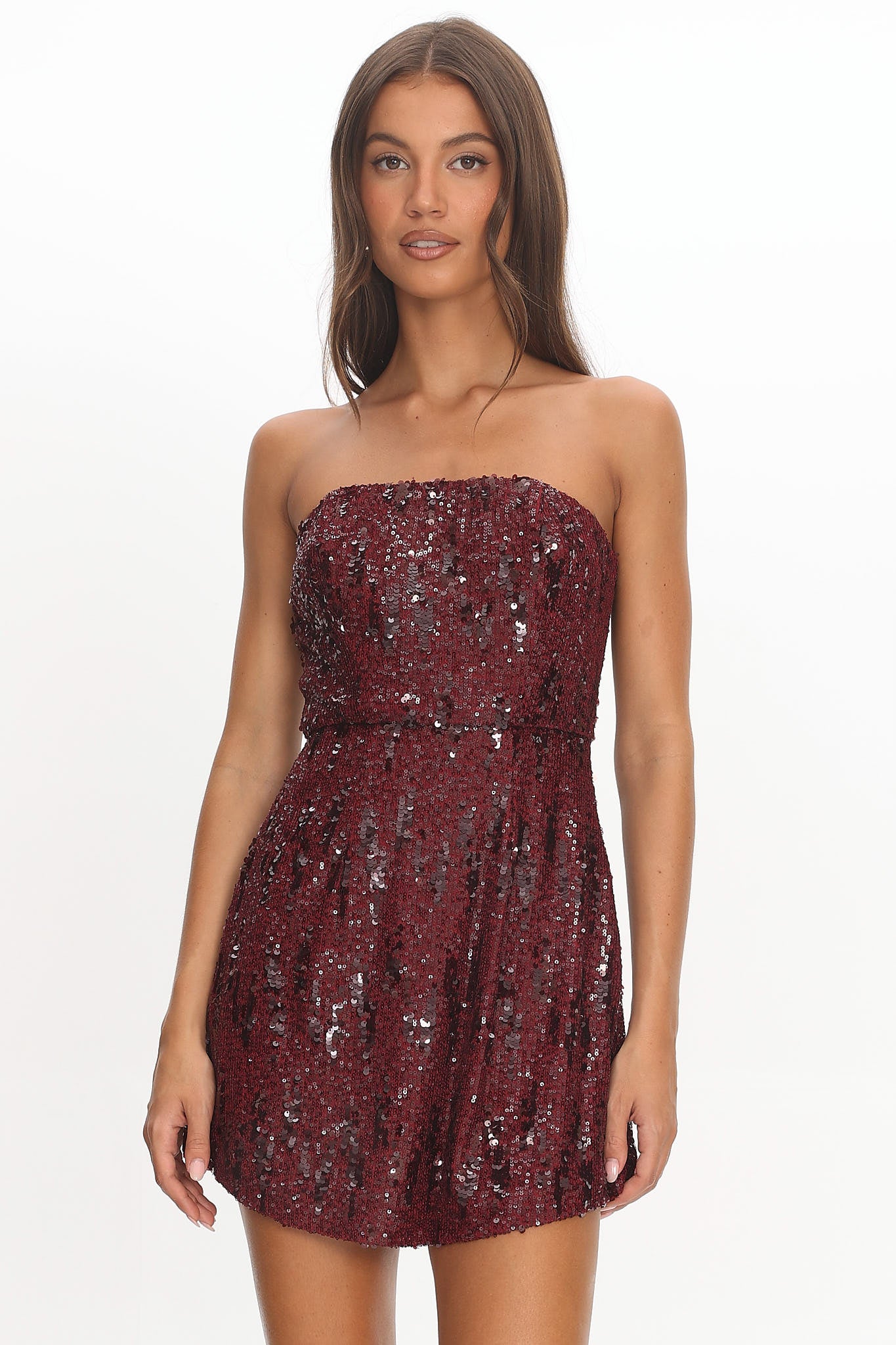 Entered The Chat Strapless Mini Dress Sequin Wine by Selfie Leslie Australia