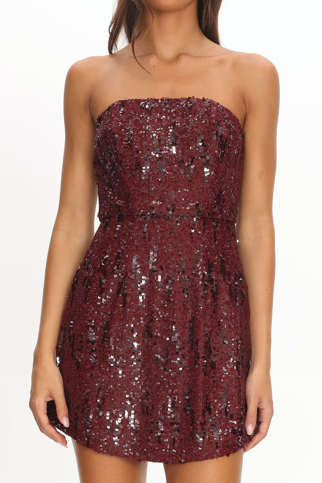 Entered The Chat Strapless Mini Dress Sequin Wine by Selfie Leslie Australia