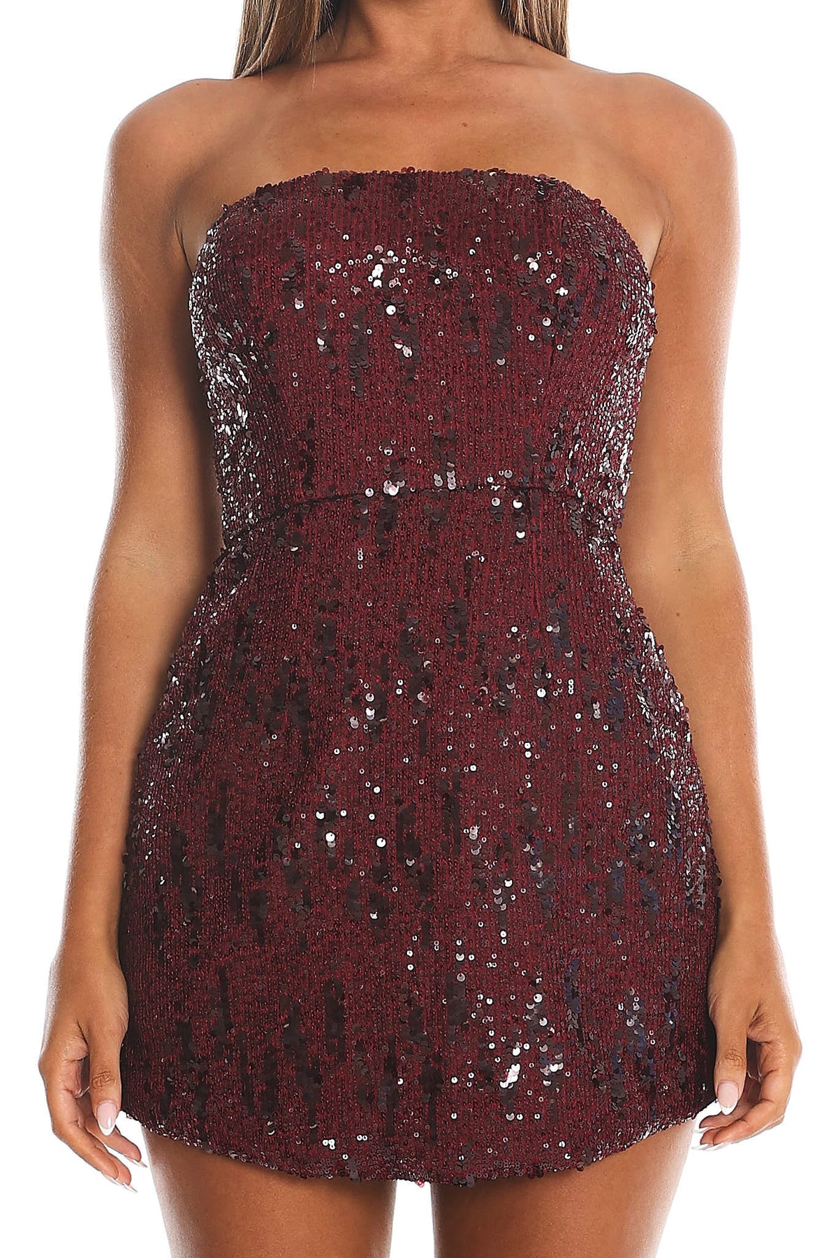 Entered The Chat Strapless Mini Dress Sequin Wine