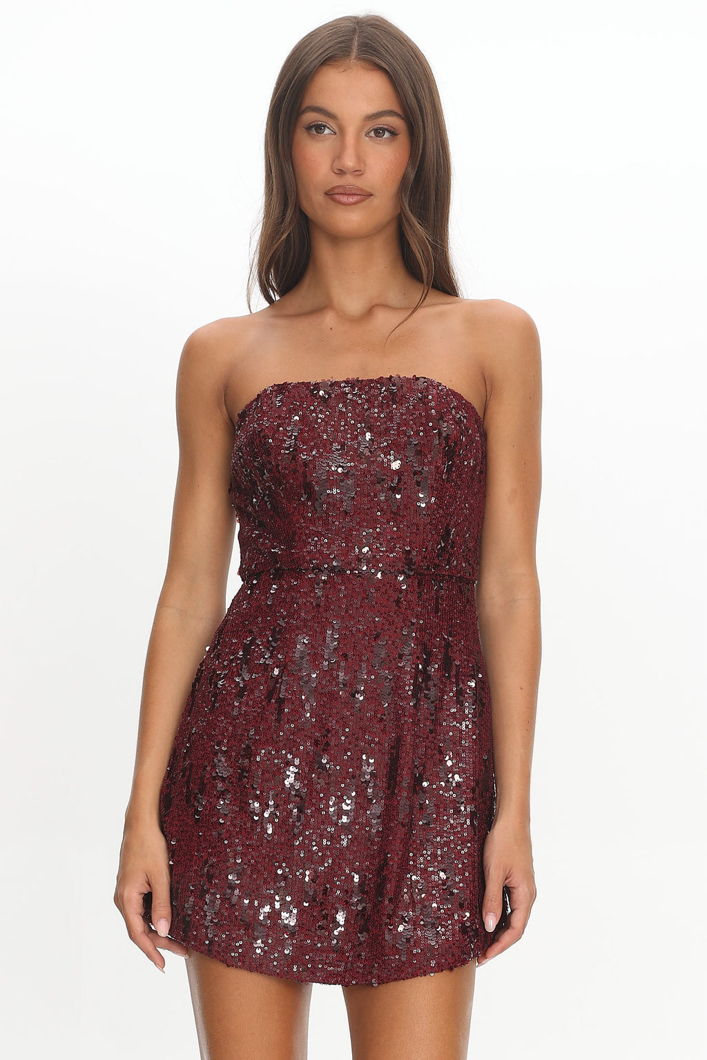 Entered The Chat Strapless Mini Dress Sequin Wine by Selfie Leslie Australia