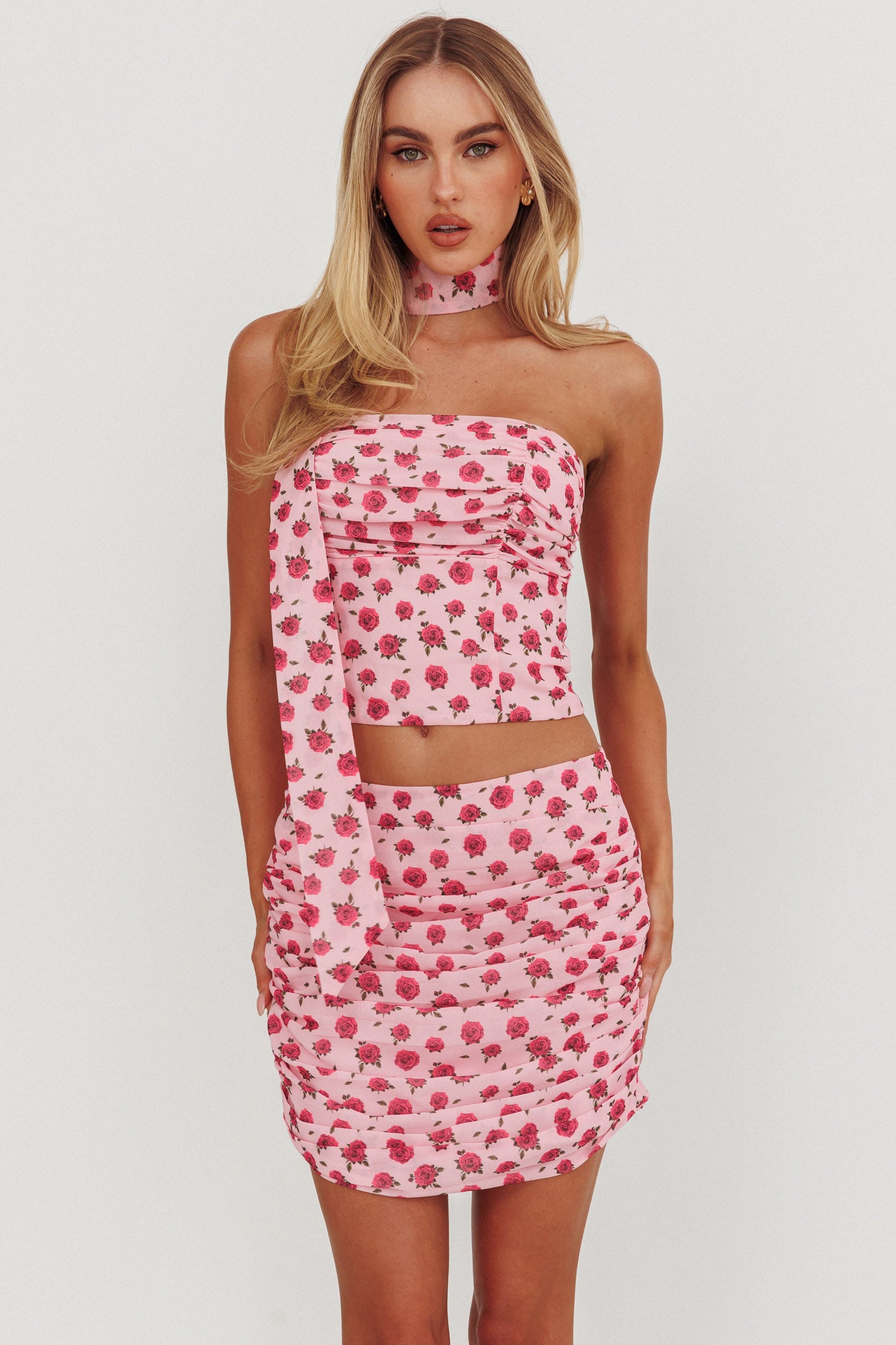 Charise Ruched Mini Skirt Roses Pink by Selfie Leslie Australia