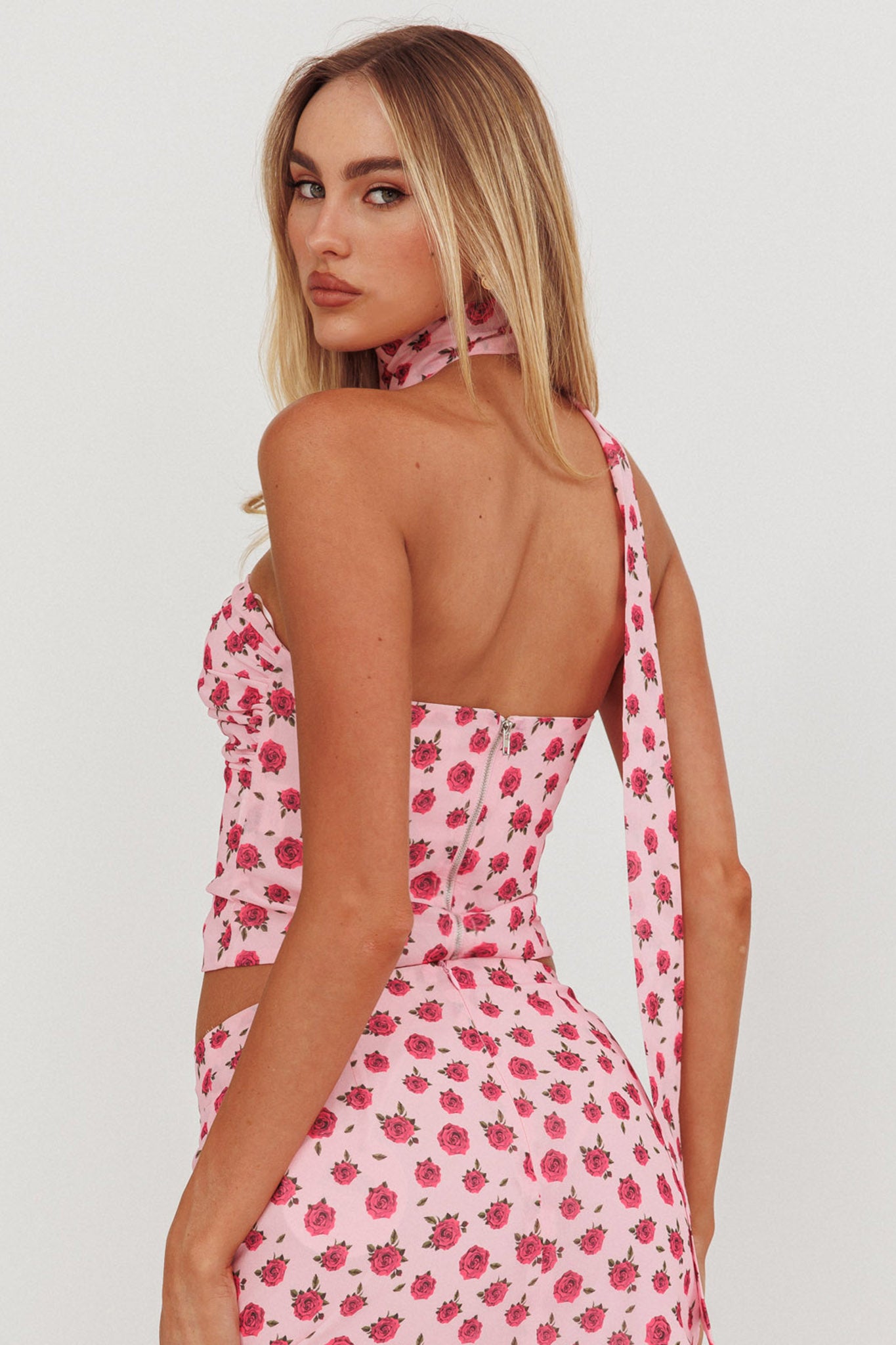 Charise Strapless Neck Tie Top Roses Pink by Selfie Leslie Australia