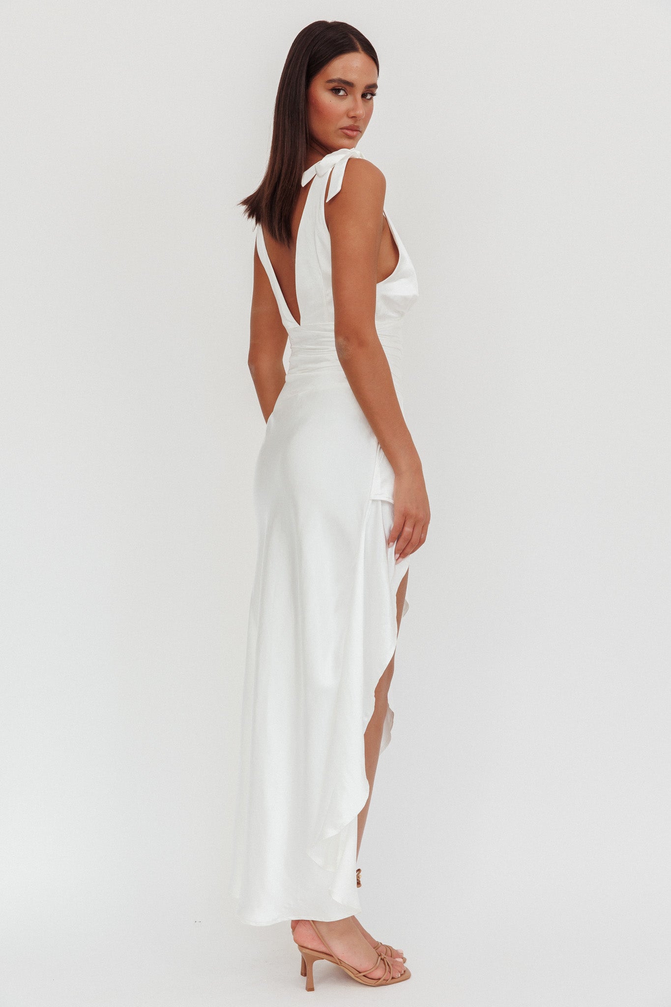 Aquila Tied Shoulder High-Low Hem Dress Oyster by Selfie Leslie Australia