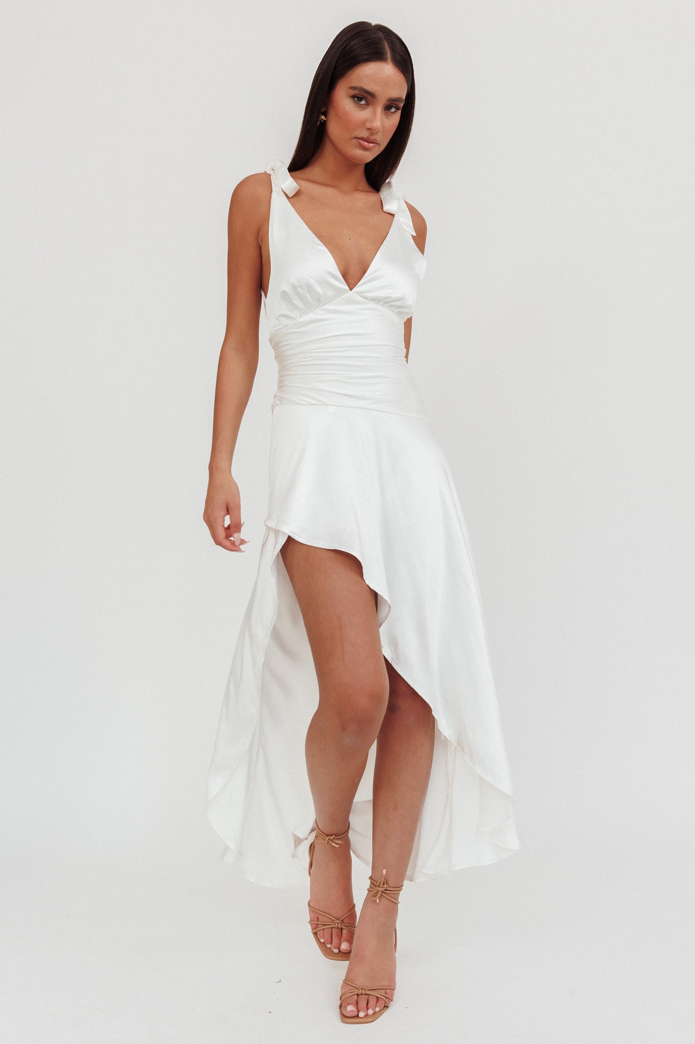 Aquila Tied Shoulder High-Low Hem Dress Oyster by Selfie Leslie Australia