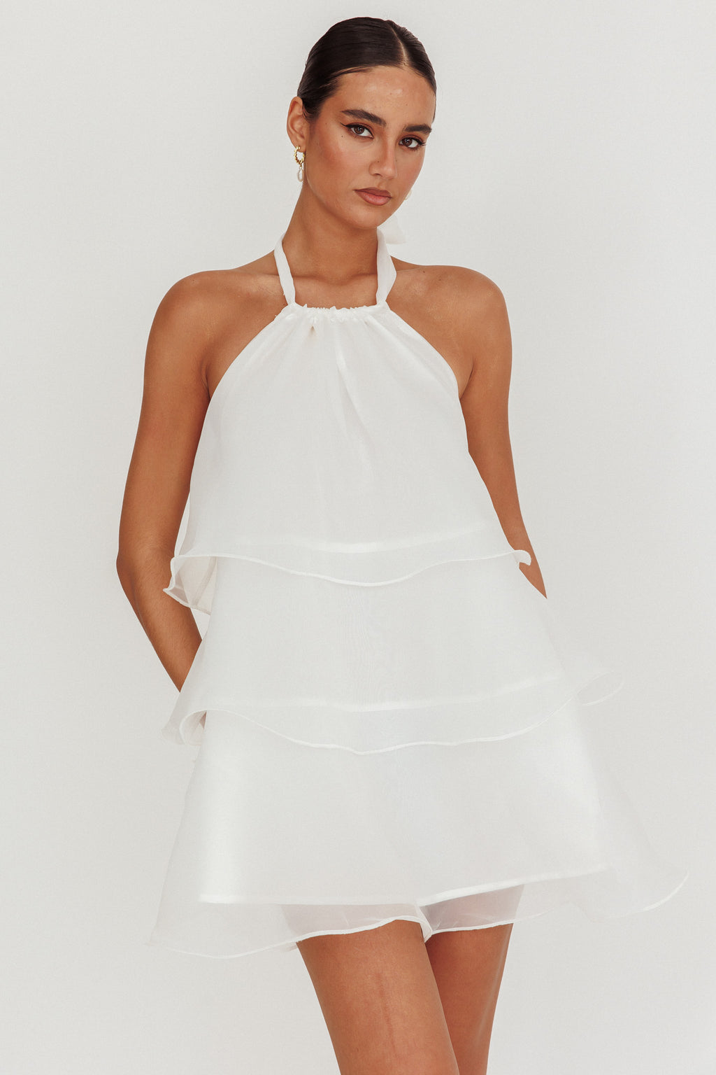 Tulips Tiered Halterneck Mini Dress White by Selfie Leslie Australia