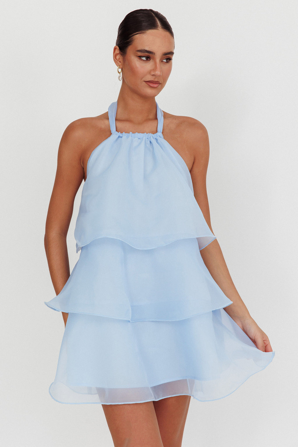 Tulips Tiered Halterneck Mini Dress Baby Blue by Selfie Leslie Australia