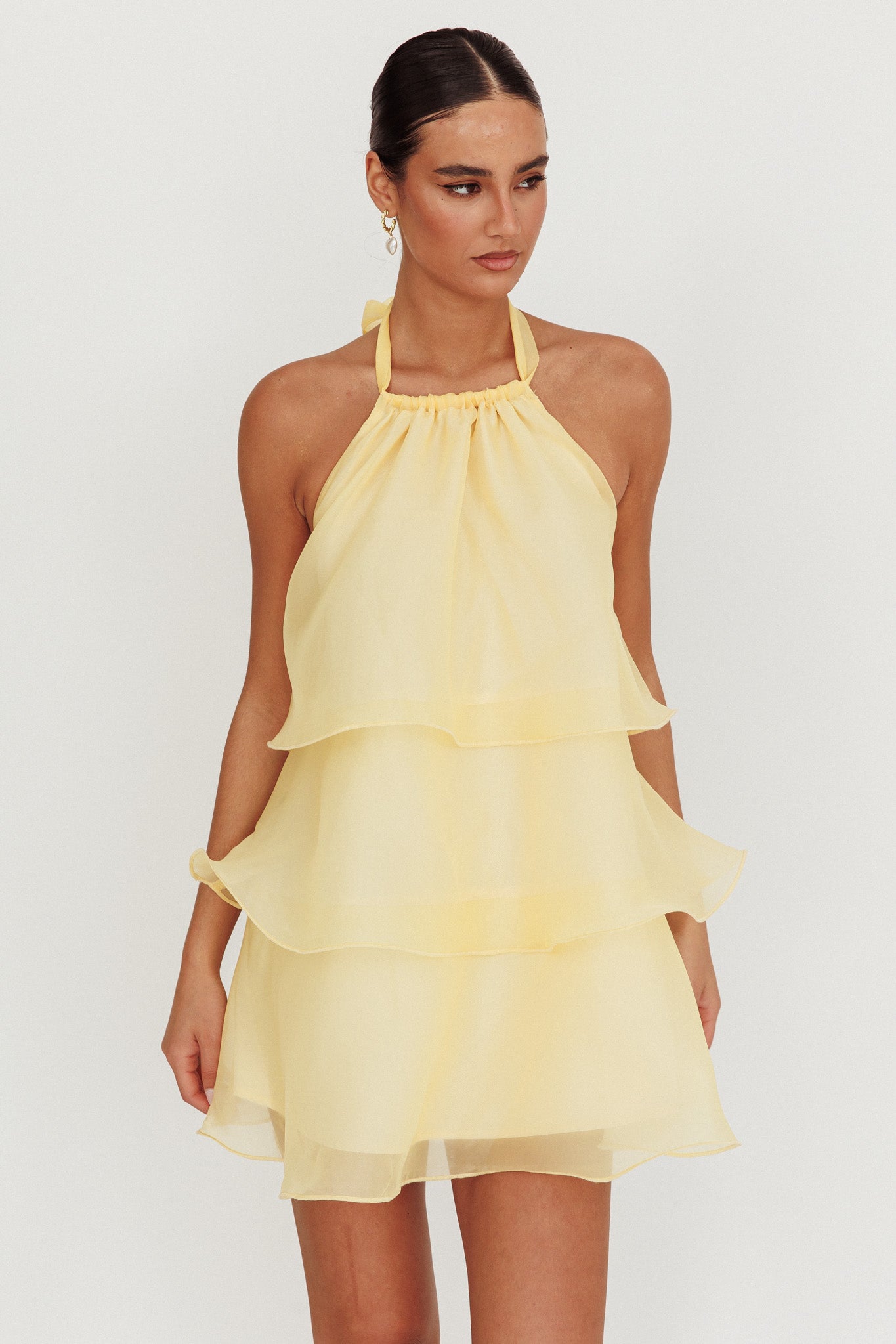 Tulips Tiered Halterneck Mini Dress Lemon by Selfie Leslie Australia