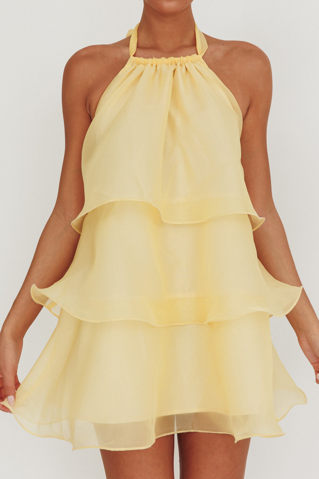 Tulips Tiered Halterneck Mini Dress Lemon by Selfie Leslie Australia