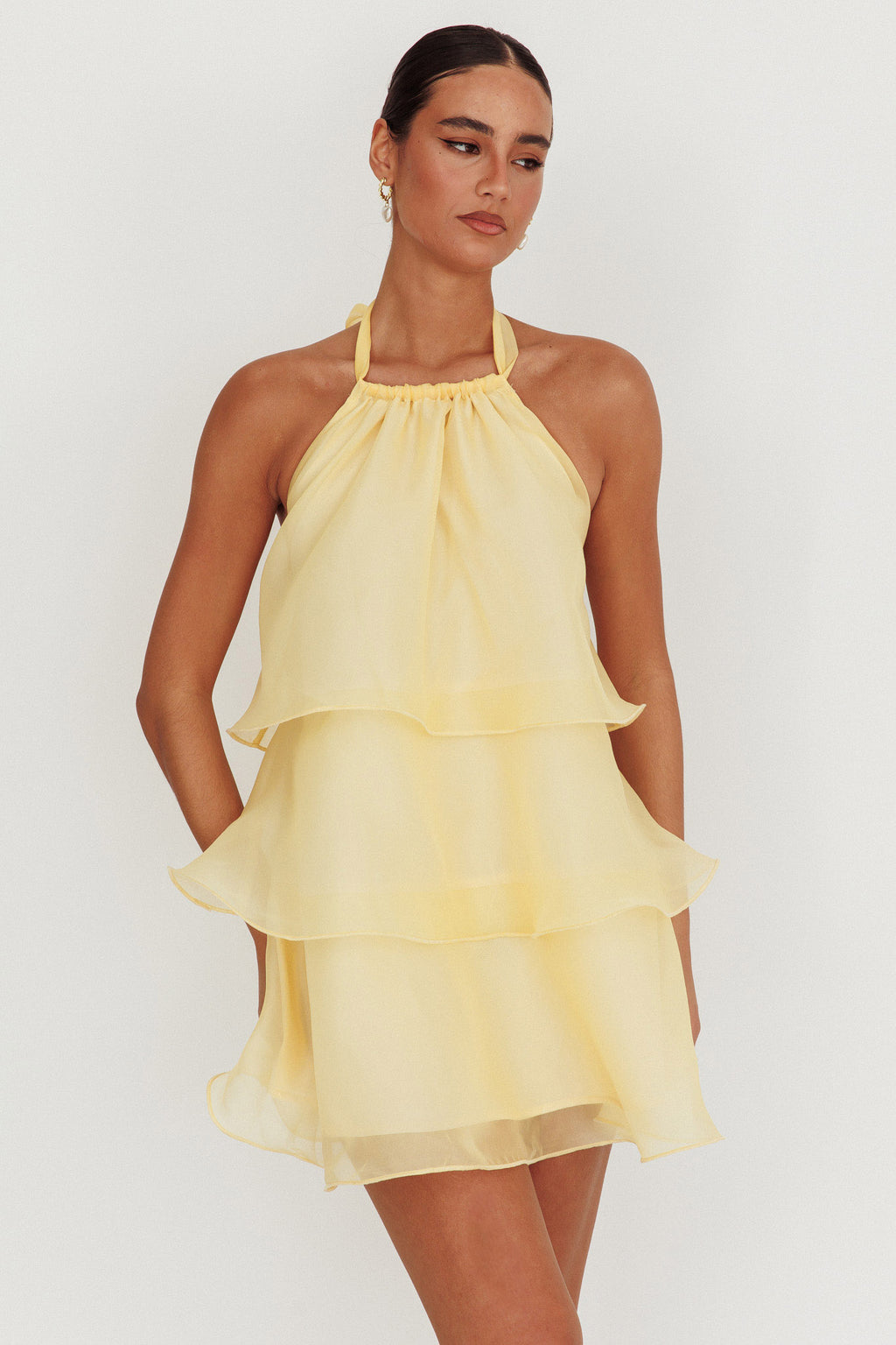 Tulips Tiered Halterneck Mini Dress Lemon by Selfie Leslie Australia