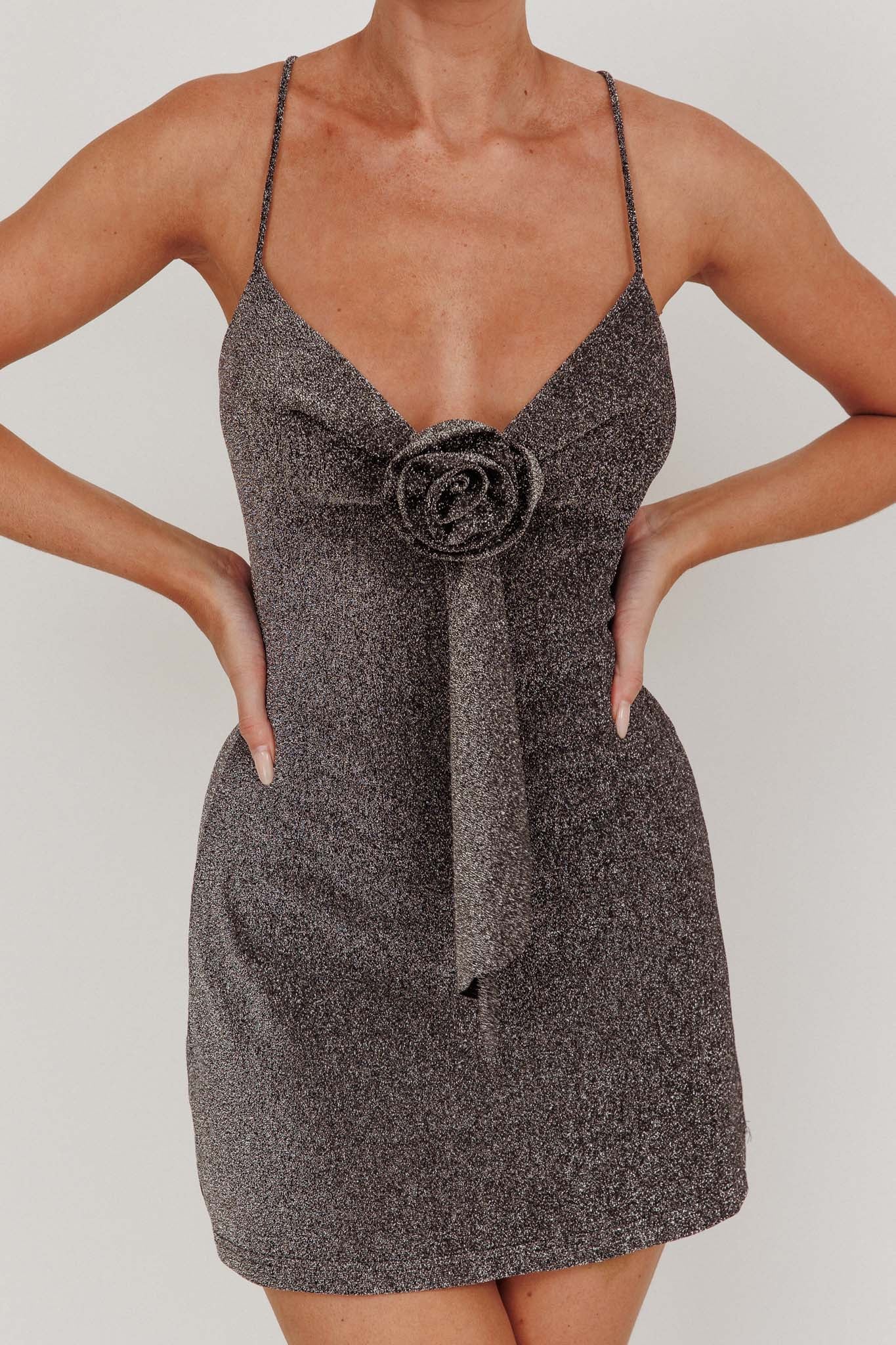 Addicted Glitter Rosette Mini Dress Charcoal by Selfie Leslie Australia