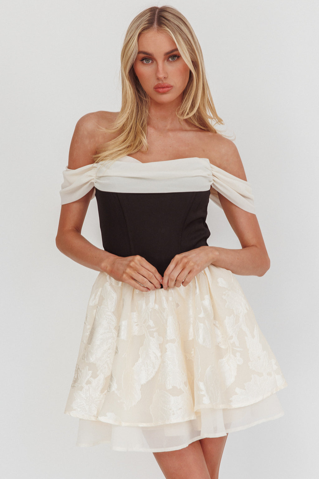 Lusting Off Shoulder Mini Dress Black/Cream by Selfie Leslie Australia