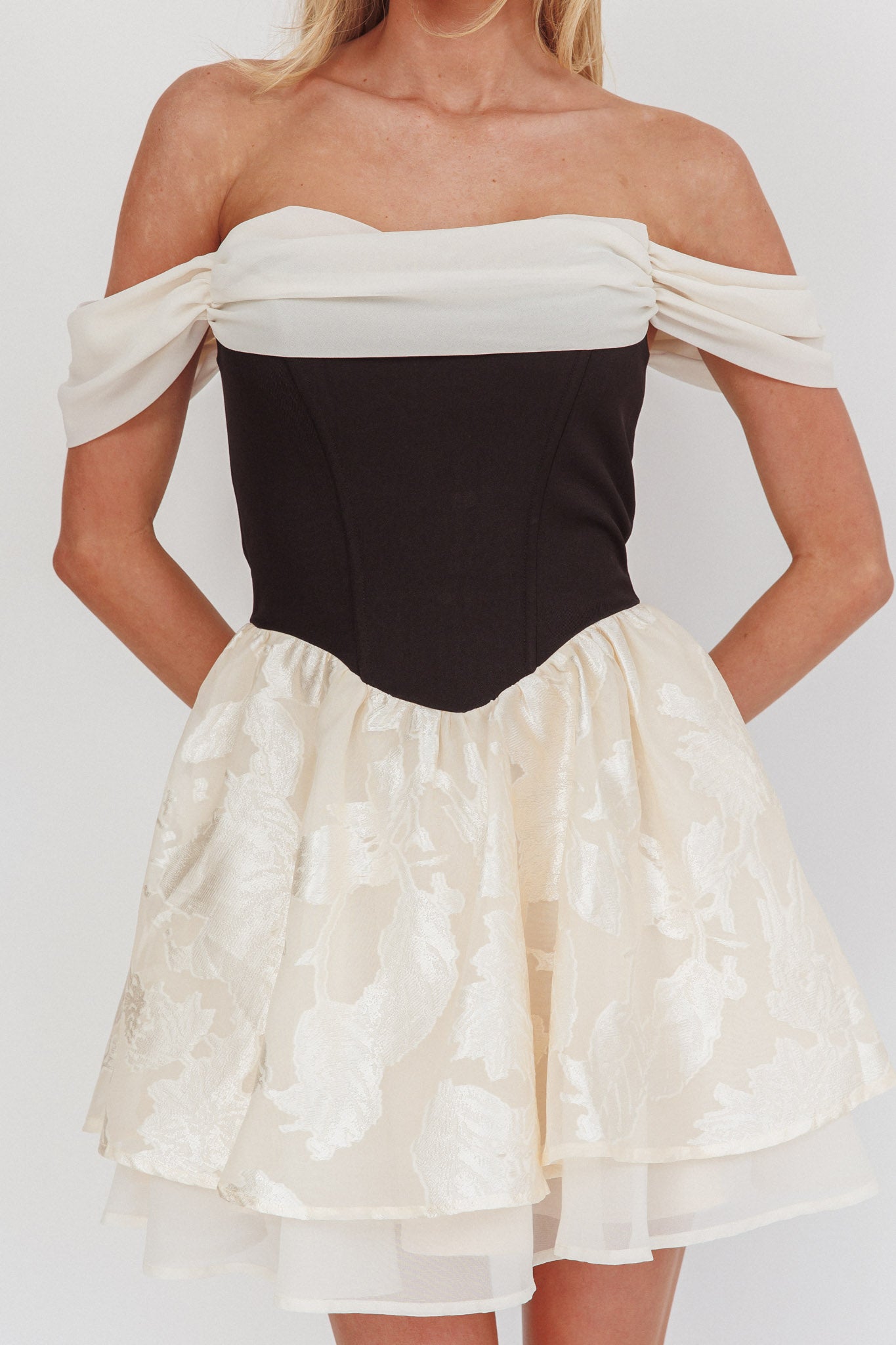Lusting Off Shoulder Mini Dress Black/Cream by Selfie Leslie Australia