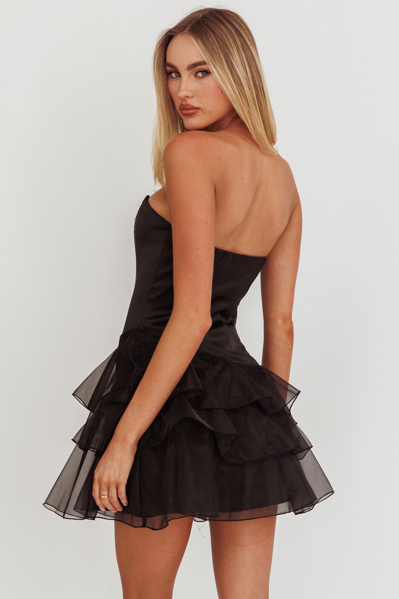 Bless Strapless Organza Ruffle Mini Dress Black by Selfie Leslie Australia