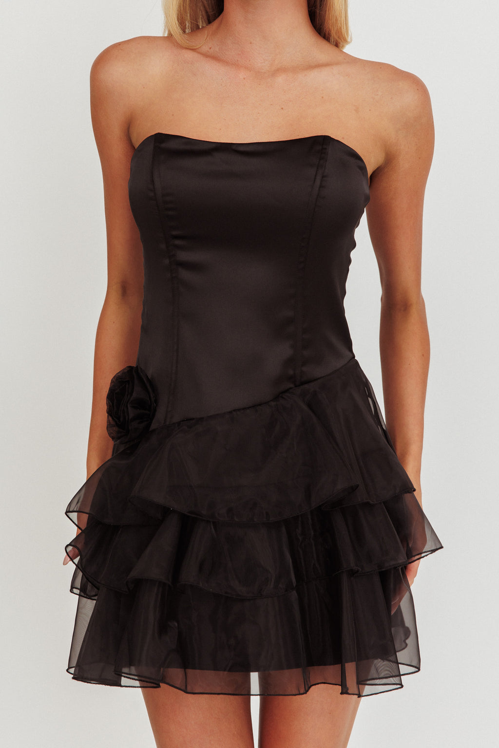 Bless Strapless Organza Ruffle Mini Dress Black by Selfie Leslie Australia