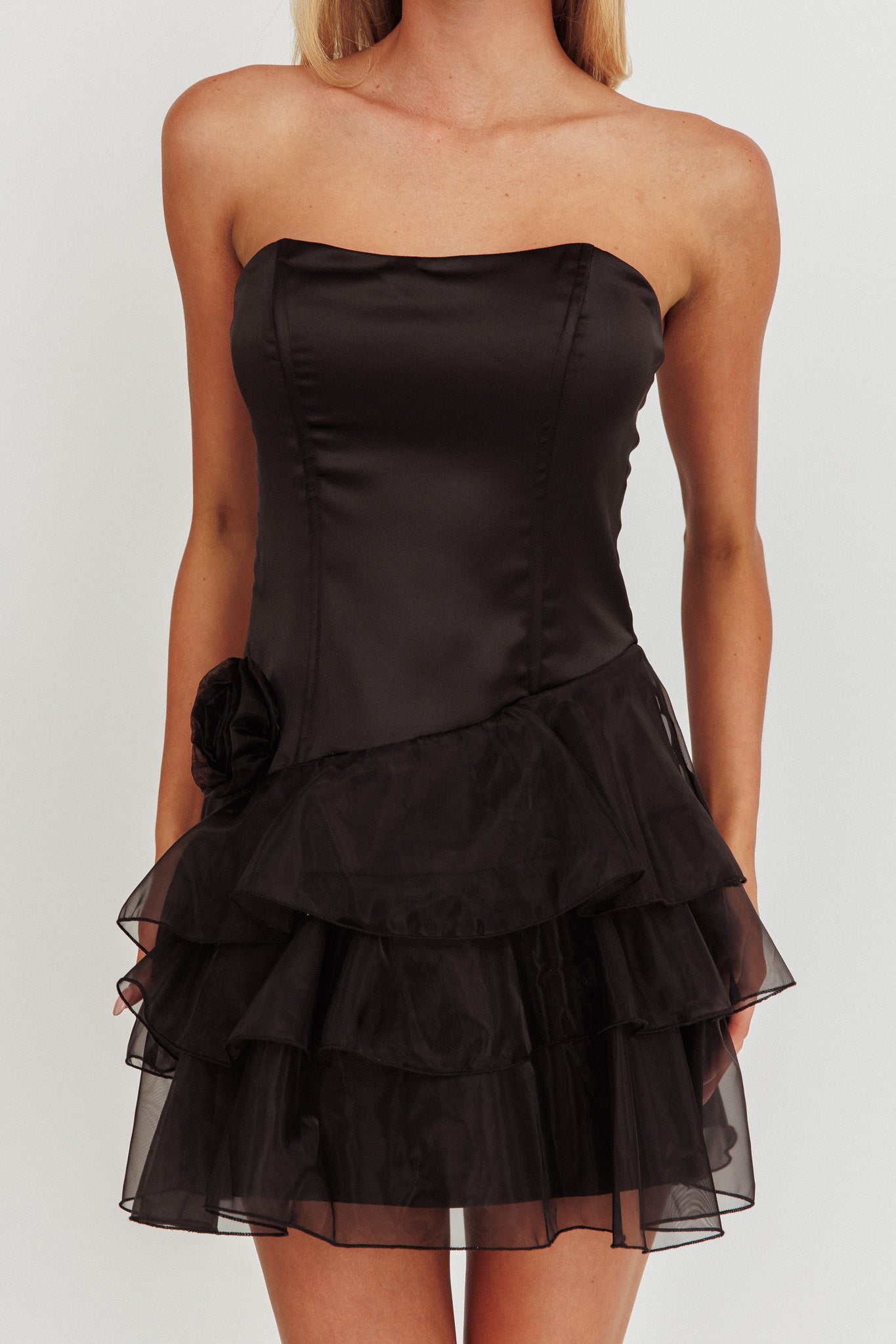 Bless Strapless Organza Ruffle Mini Dress Black by Selfie Leslie Australia