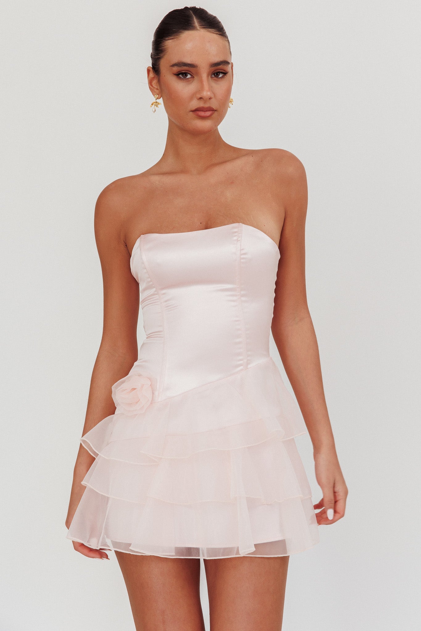 Bless Strapless Organza Ruffle Mini Dress Blush by Selfie Leslie Australia