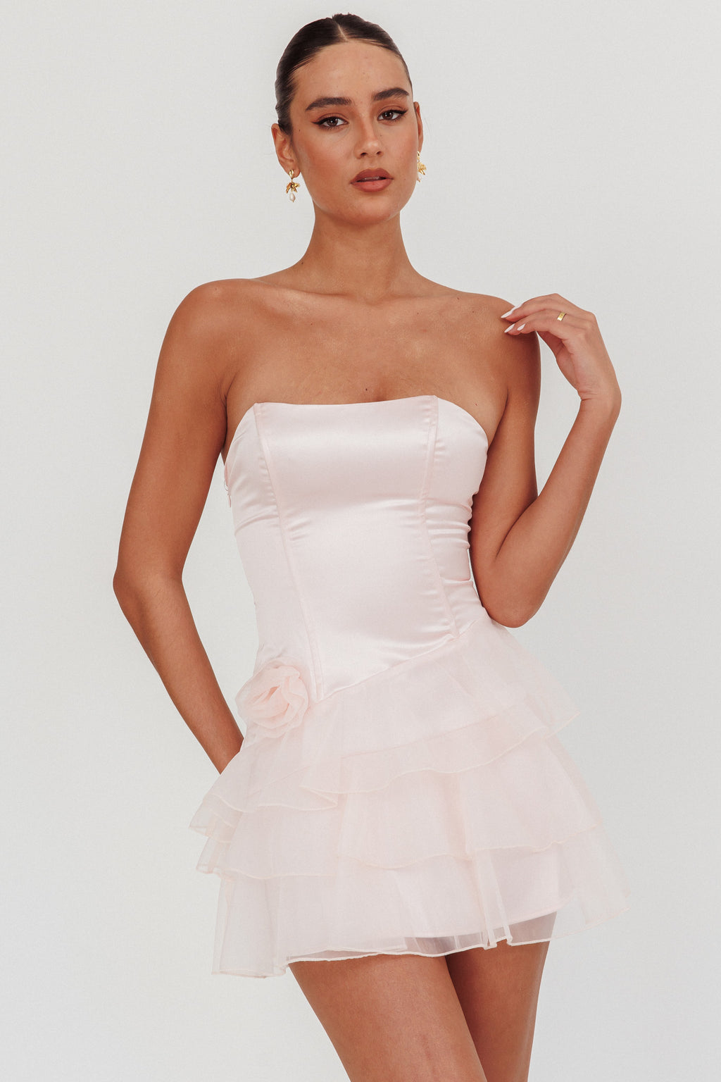 Bless Strapless Organza Ruffle Mini Dress Blush by Selfie Leslie Australia