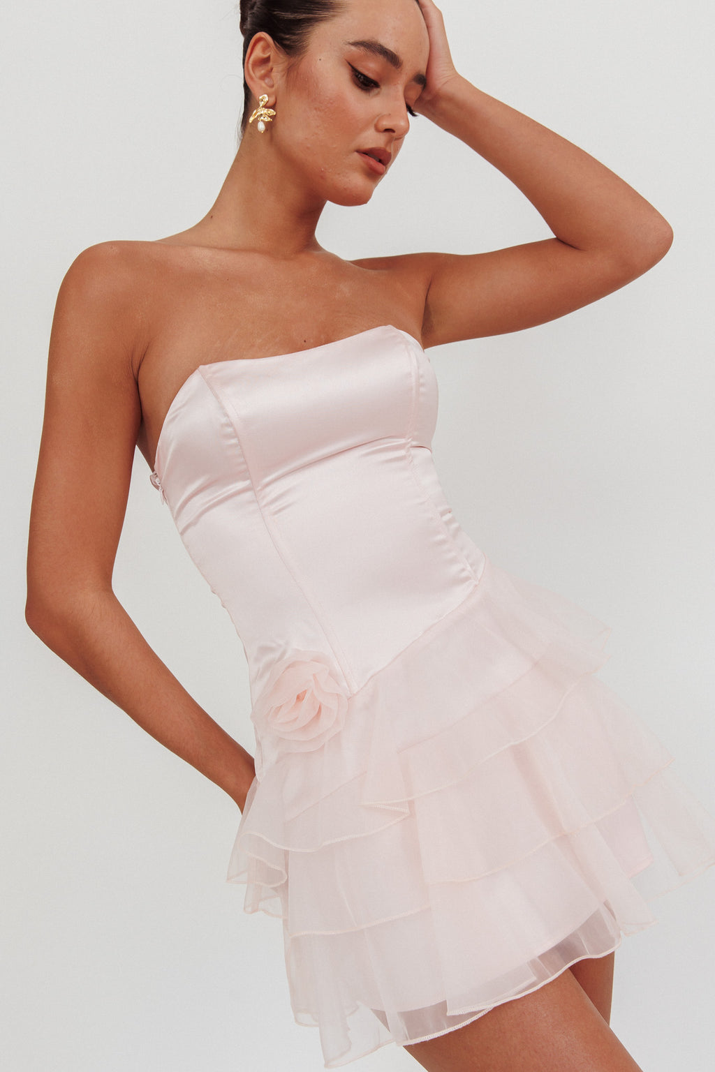 Bless Strapless Organza Ruffle Mini Dress Blush by Selfie Leslie Australia