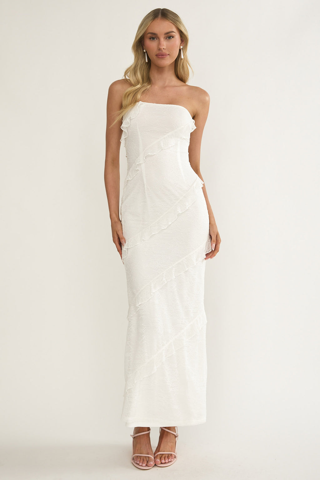 Metrics Strapless Frill Maxi Dress White by Selfie Leslie Australia