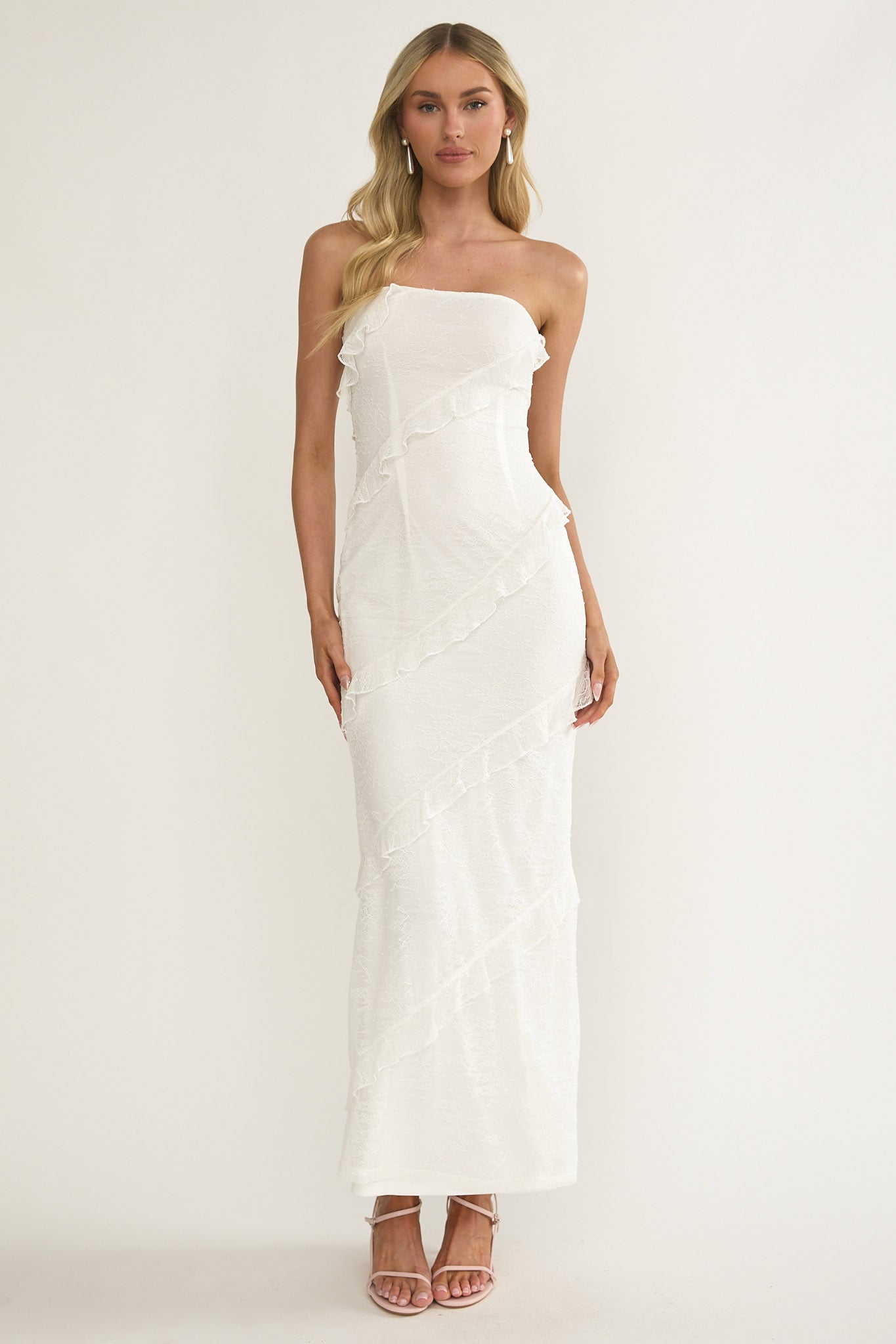 Metrics Strapless Frill Maxi Dress White by Selfie Leslie Australia