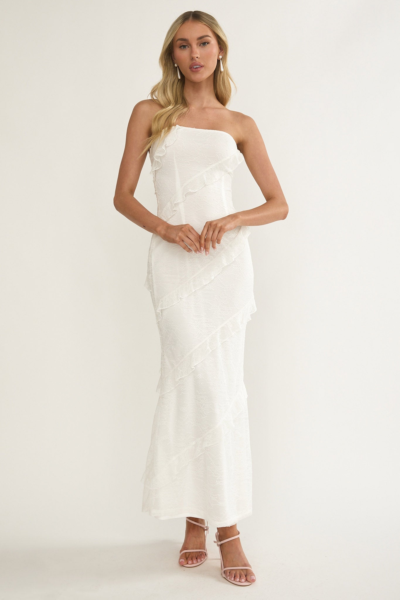 Metrics Strapless Frill Maxi Dress White by Selfie Leslie Australia
