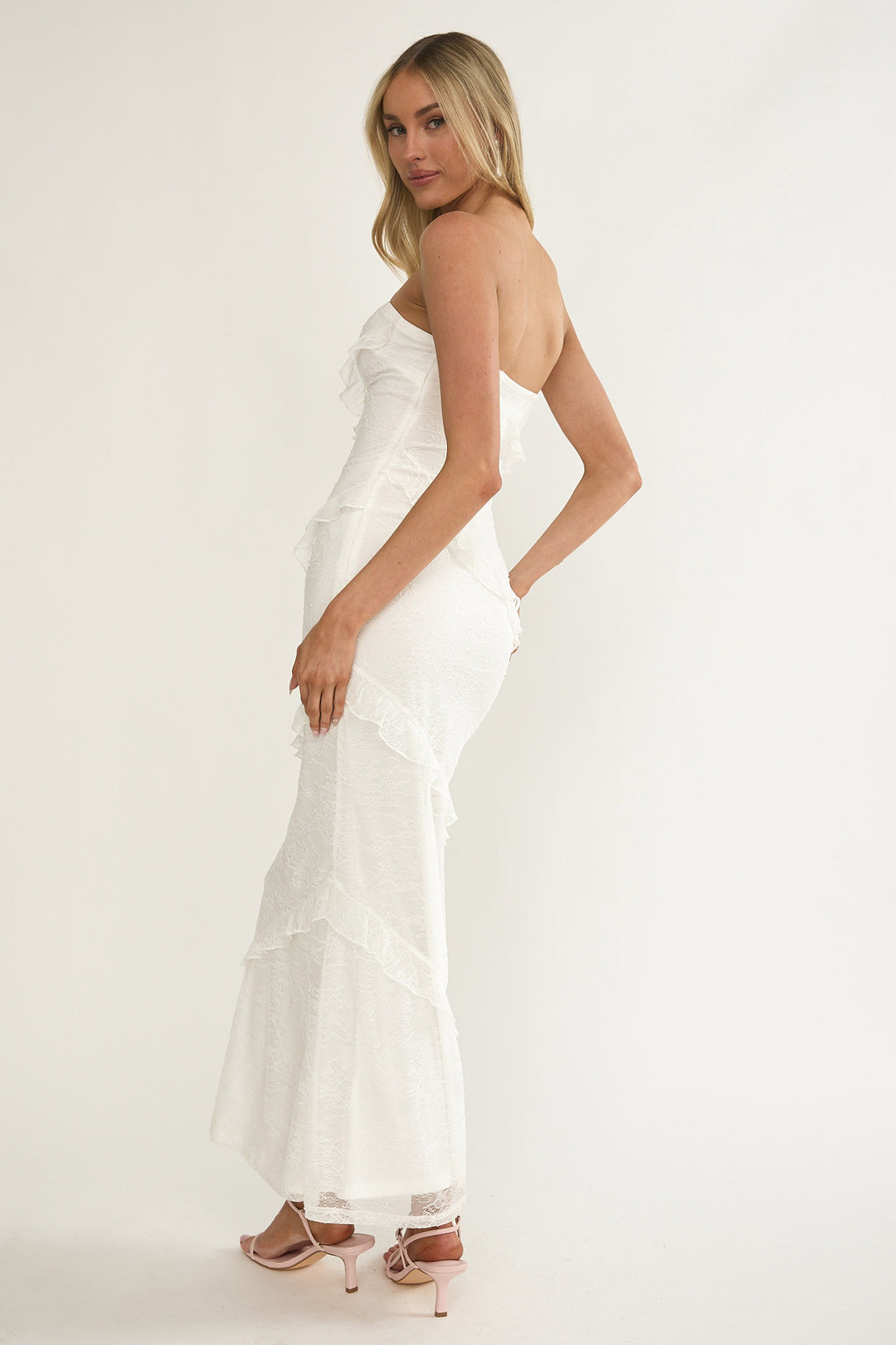 Metrics Strapless Frill Maxi Dress White by Selfie Leslie Australia