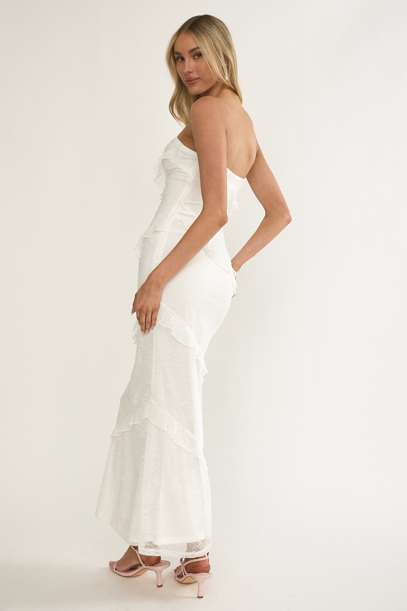 Metrics Strapless Frill Maxi Dress White by Selfie Leslie Australia