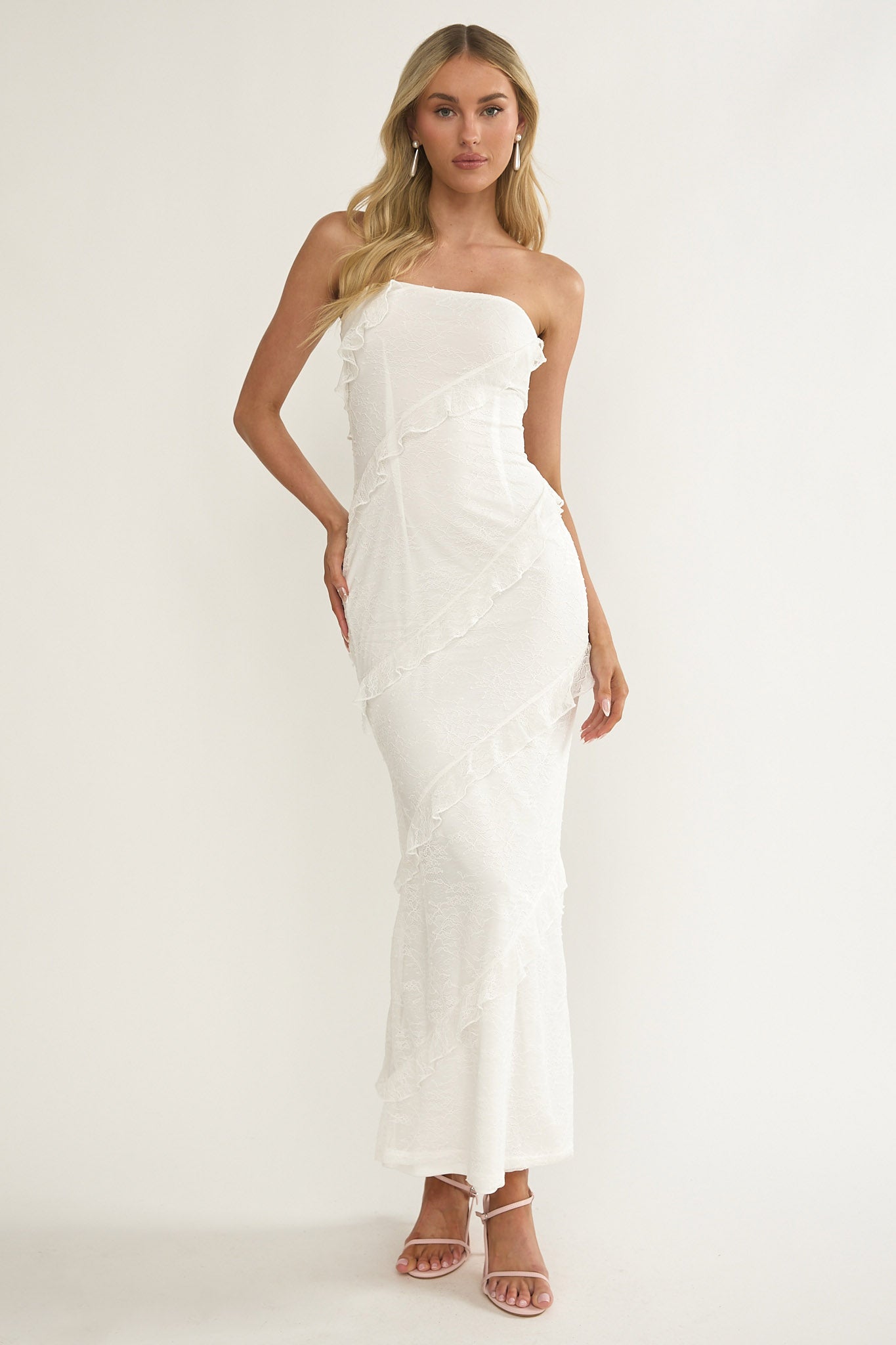 Metrics Strapless Frill Maxi Dress White by Selfie Leslie Australia