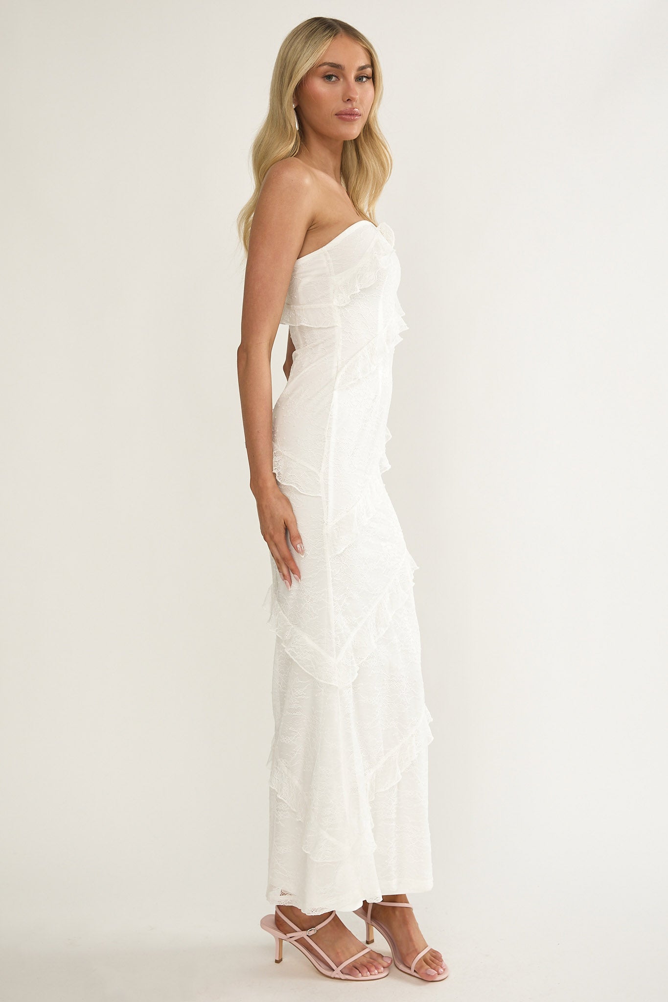Metrics Strapless Frill Maxi Dress White by Selfie Leslie Australia