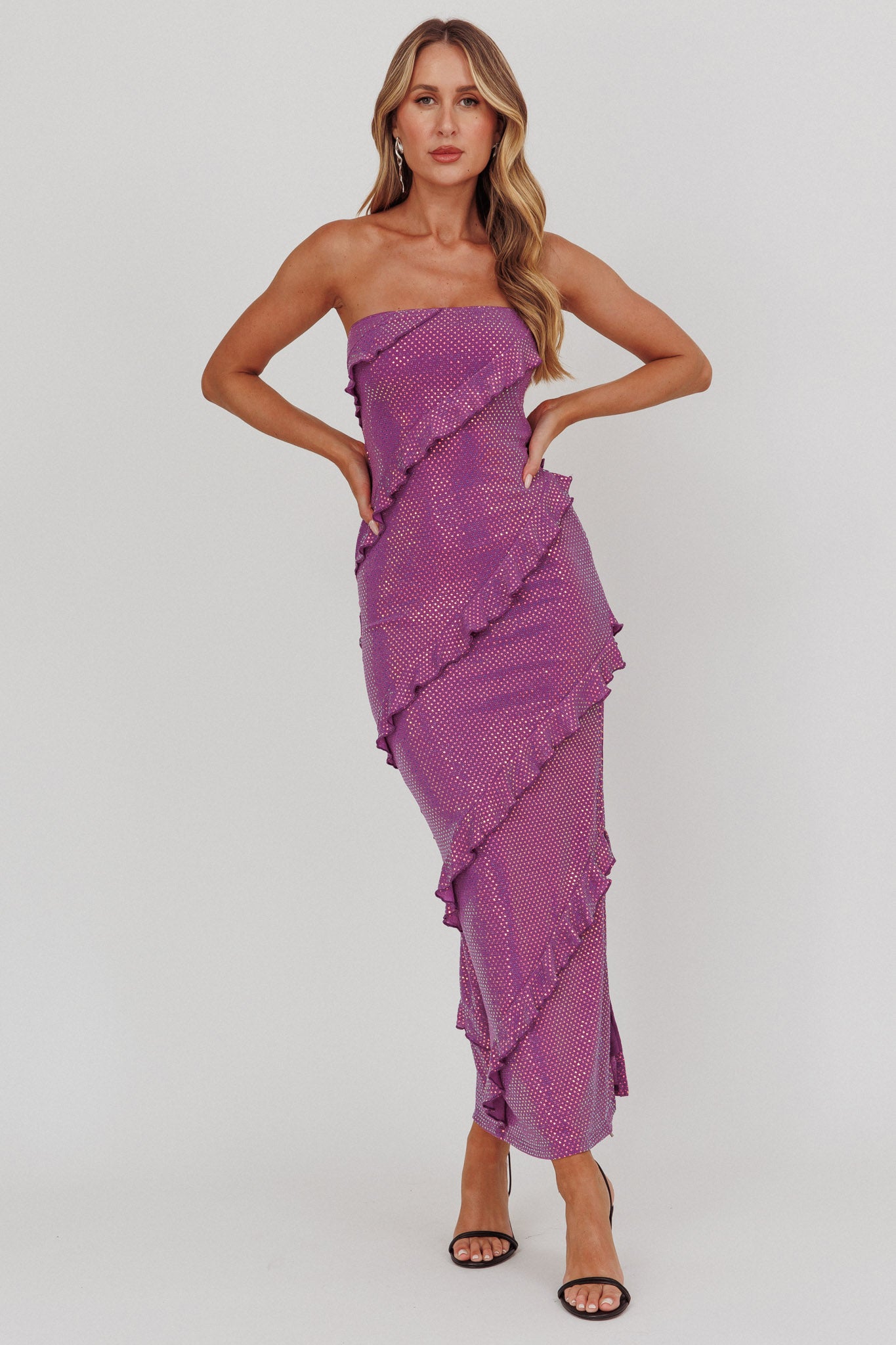 Metrics Strapless Frill Maxi Dress Purple by Selfie Leslie Australia