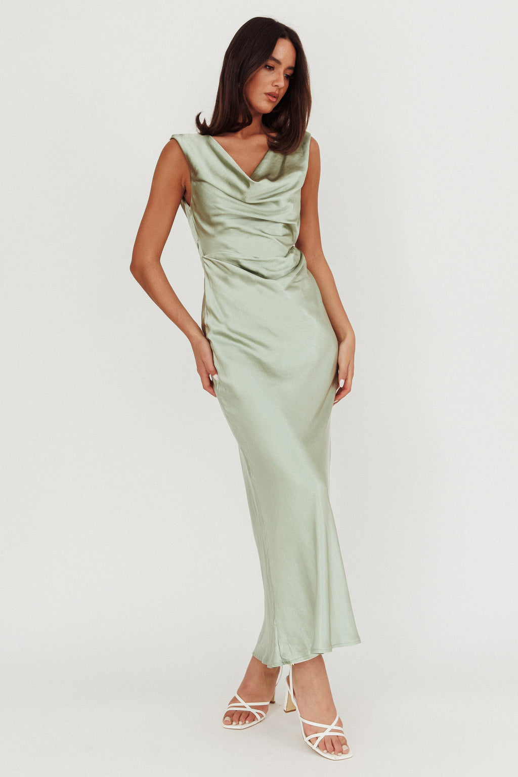 Chills Cowl Neck Satin Maxi Dress Sage by Selfie Leslie Australia
