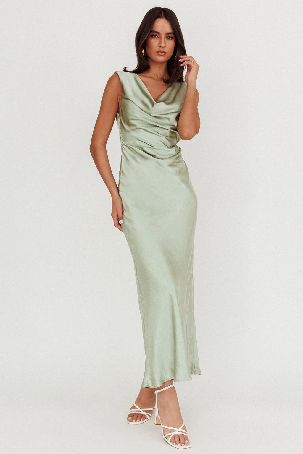 Chills Cowl Neck Satin Maxi Dress Sage by Selfie Leslie Australia