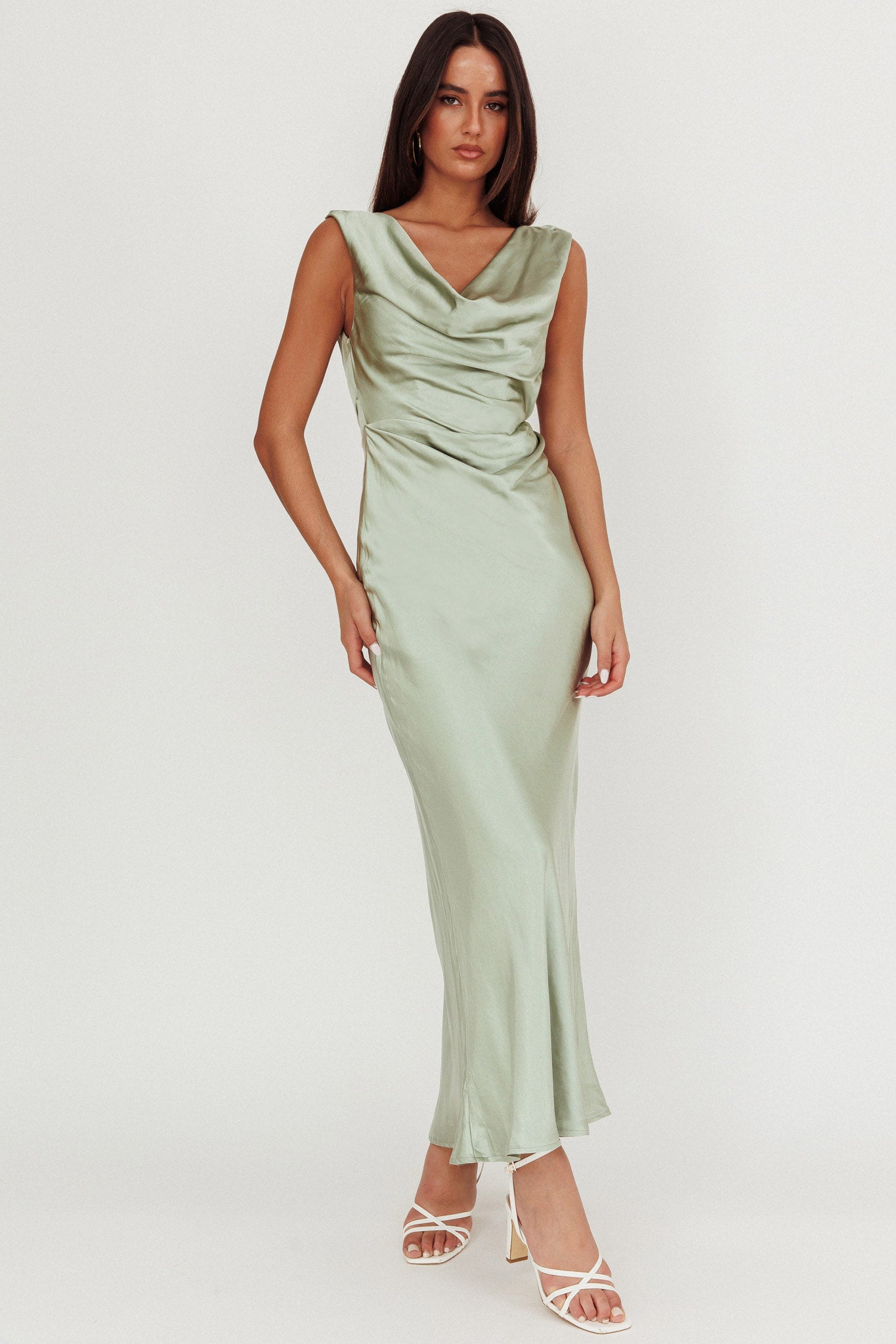 Chills Cowl Neck Satin Maxi Dress Sage by Selfie Leslie Australia