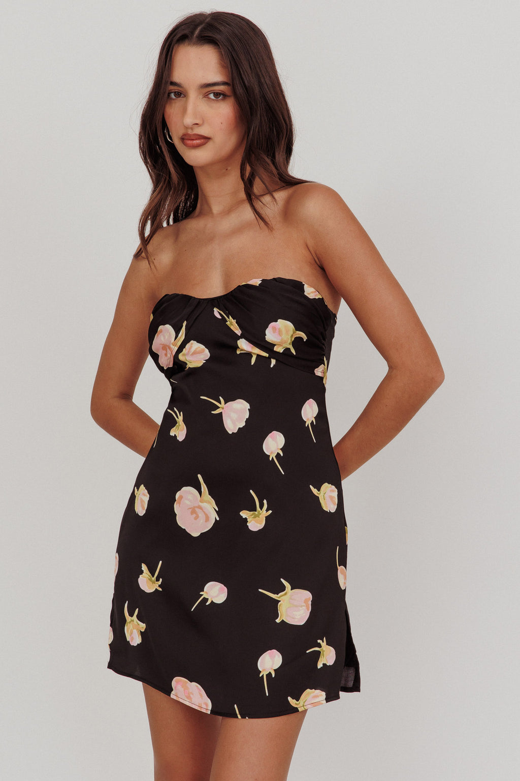 Sian Strapless Sweetheart Mini Dress Flowers Black by Selfie Leslie Australia