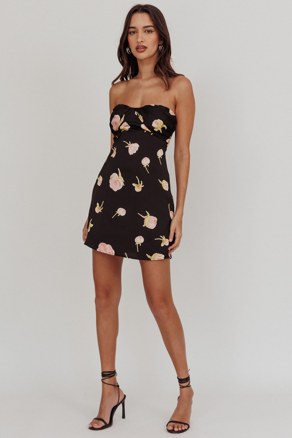 Sian Strapless Sweetheart Mini Dress Flowers Black by Selfie Leslie Australia